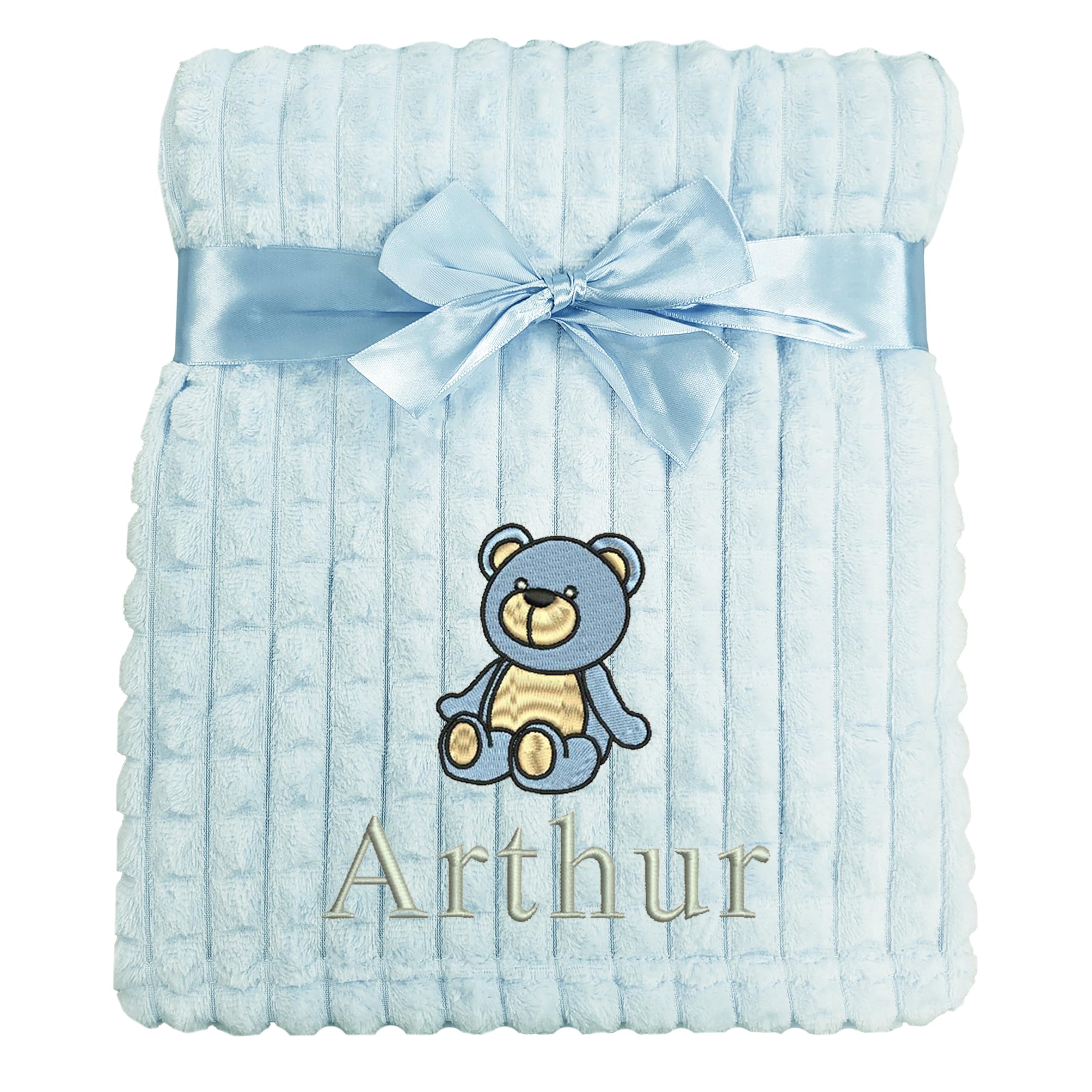 Personalised Baby Blanket Embroidered Bear & Name Soft Fleece Wrap (Blue Bear Blue Squares)