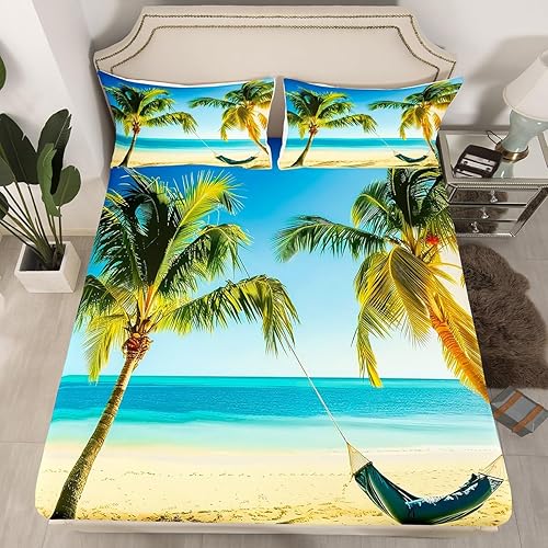 Miniatura 2 de Juego de sábanas de palmera costera, tamaño Queen, sábanas de verano estilo hawaiano, juego de ropa de cama de playa oceánica, estilo tropical,