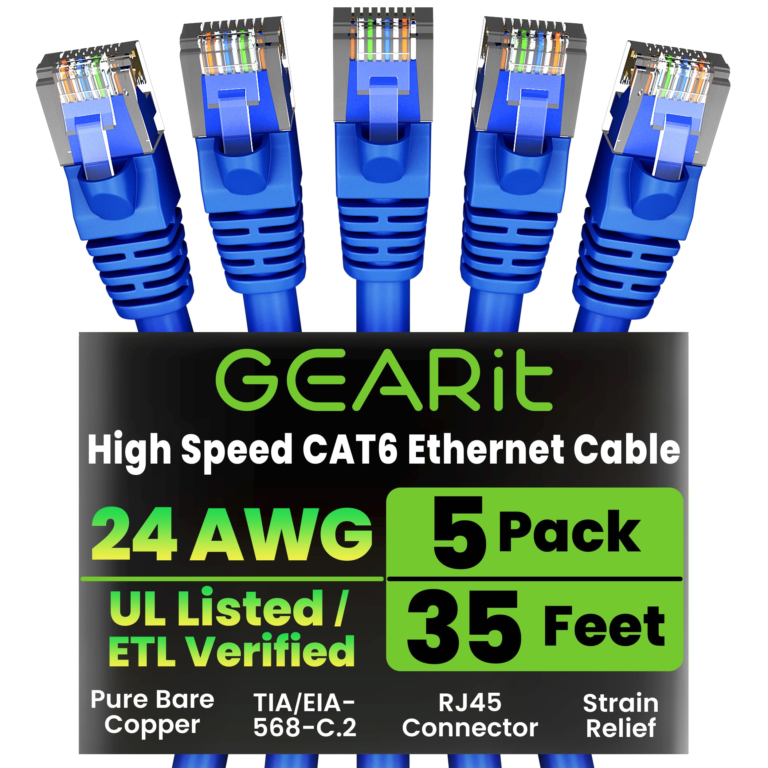 GEARit Cat 6 Ethernet Cable (10-Pack 3 Feet) Cat6 Network Patch, 10Gbps, RJ45, Snagless Cord, Gold-Plated Connectors, Internet for PC, TV, Tablet, Router, Printer, Servers, IT Data Center - Blue — view 12