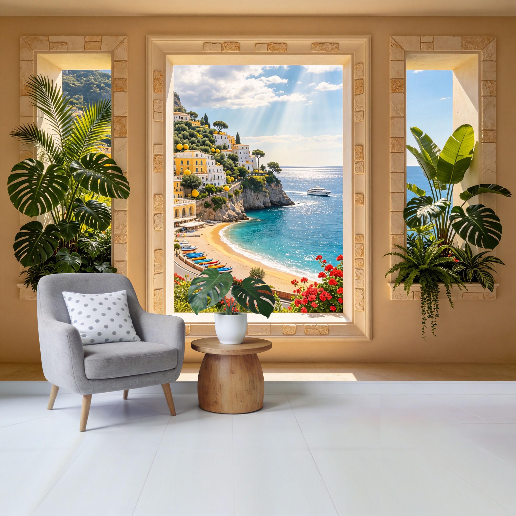 Removable Self Adhesive Fabric Mural， Mediterranean Coastal Landscape Custom Size Wall Covering， UV Protected Waterproof Washable Wall Decor for Living Room Bedroom Bathroom