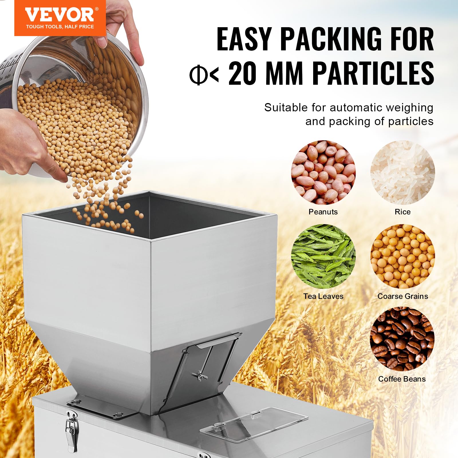 VEVOR Máquina llenadora de partículas, 20-5000 g, Máquina llenadora automática con pedal, Acero inoxidable, Llenadora con pesaje para frijoles, semillas, granos, té, embalaje granular