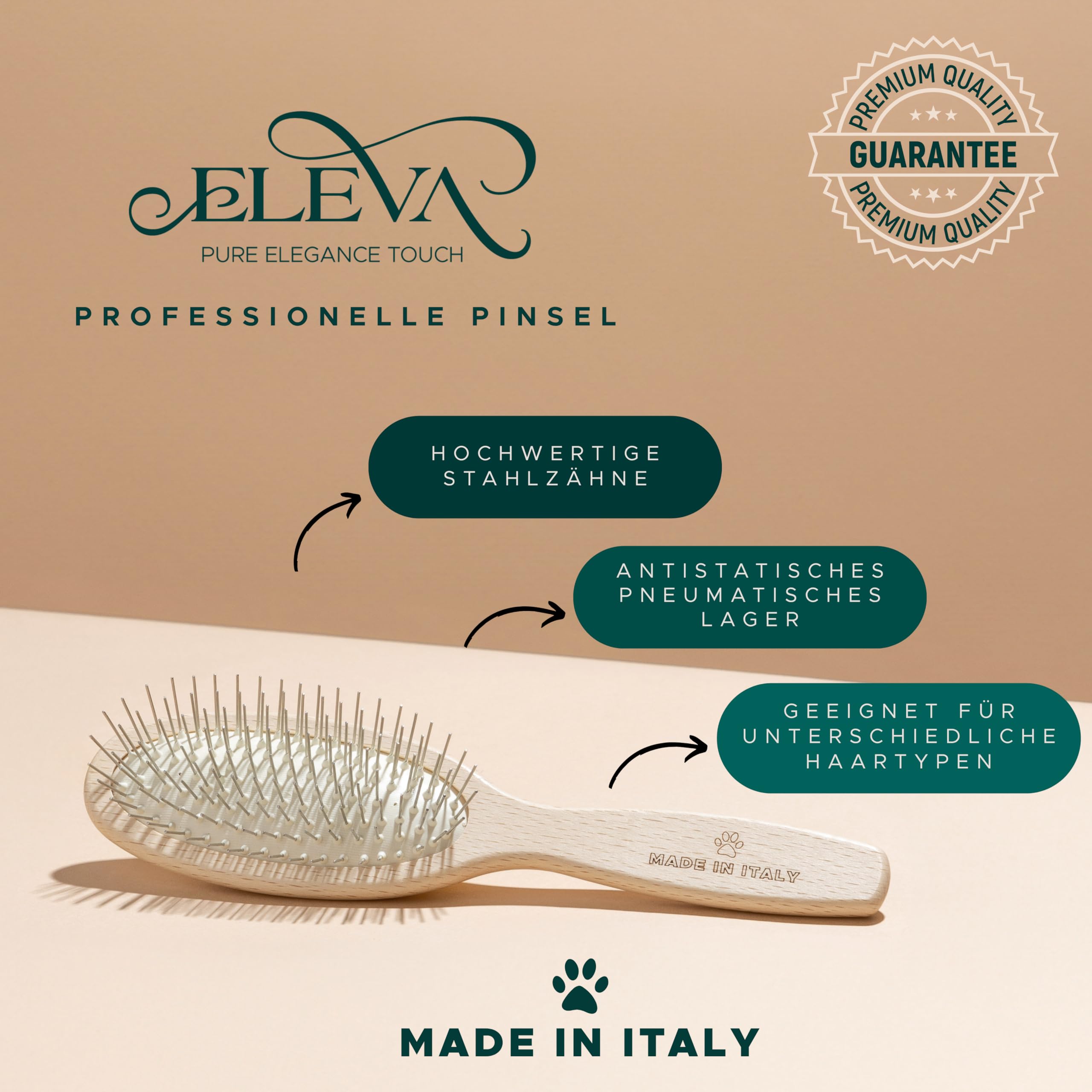 ELEVA PET Hundebürste aus Holz – Zähne aus Stahl – professionelle Pflege – entfernt Knoten ohne Kraftaufwand – für langes und halblanges Fell – hält das Fell sauber und hell – Made in Italy