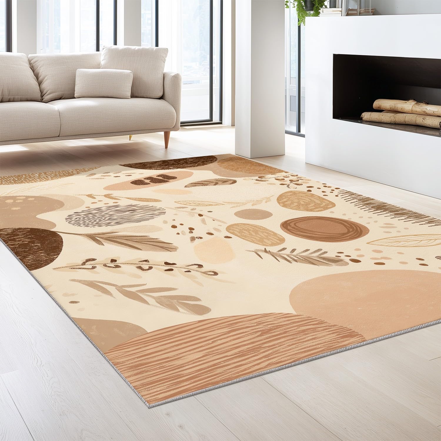 Minimalistyczny miękki naturalny nordycki abstrakcyjny nadruk kropki liście można prać w pralce miękki w dotyku 140 x 200 cm trwały dywan do salonu biura beżowy brązowy mata antypoślizgowa