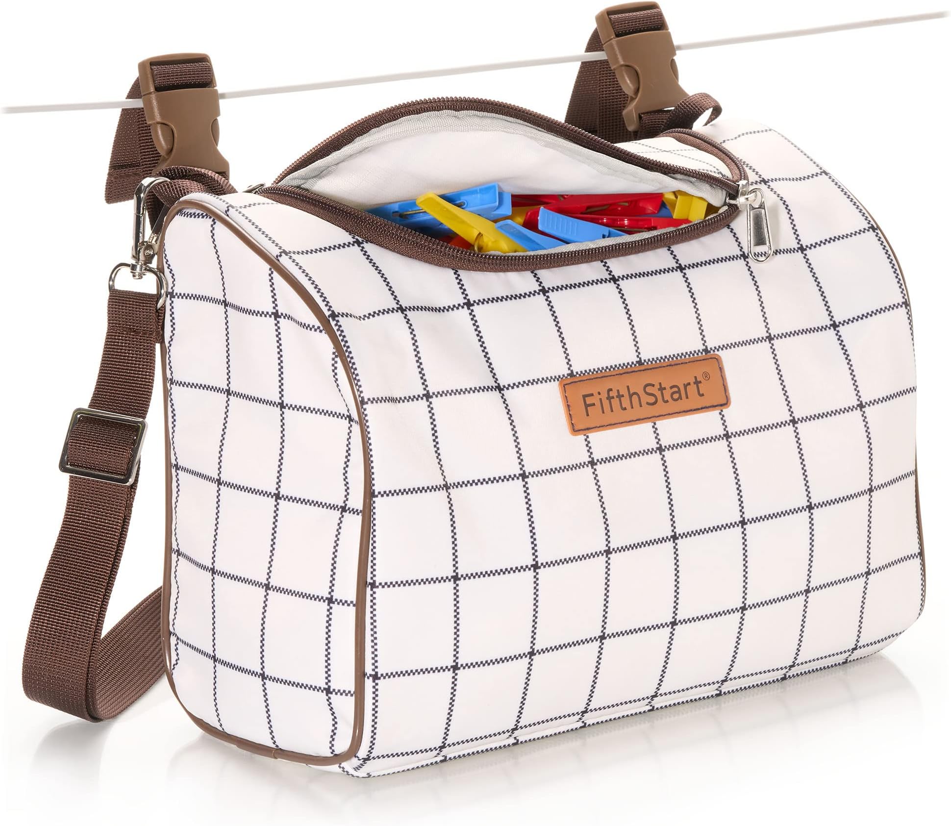 FifthStart Multipurpose Peg Bag - Heavy Duty & Waterproof - Peg Basket - Shoulder Strap, Waist Belt & Washing Line Clips -Versatile Clothes Peg Bag - Holds 300 Pegs (Solid Base, Brown Check)