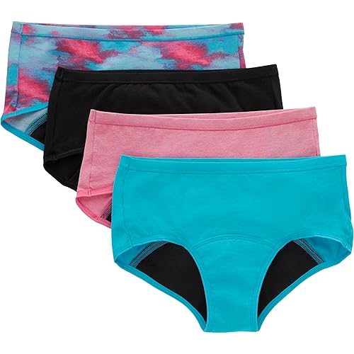 Hanes Girls' Comfort Period Underwear, Boyshort and Hipster Period Panties, Moderate Protection, 4-Pack