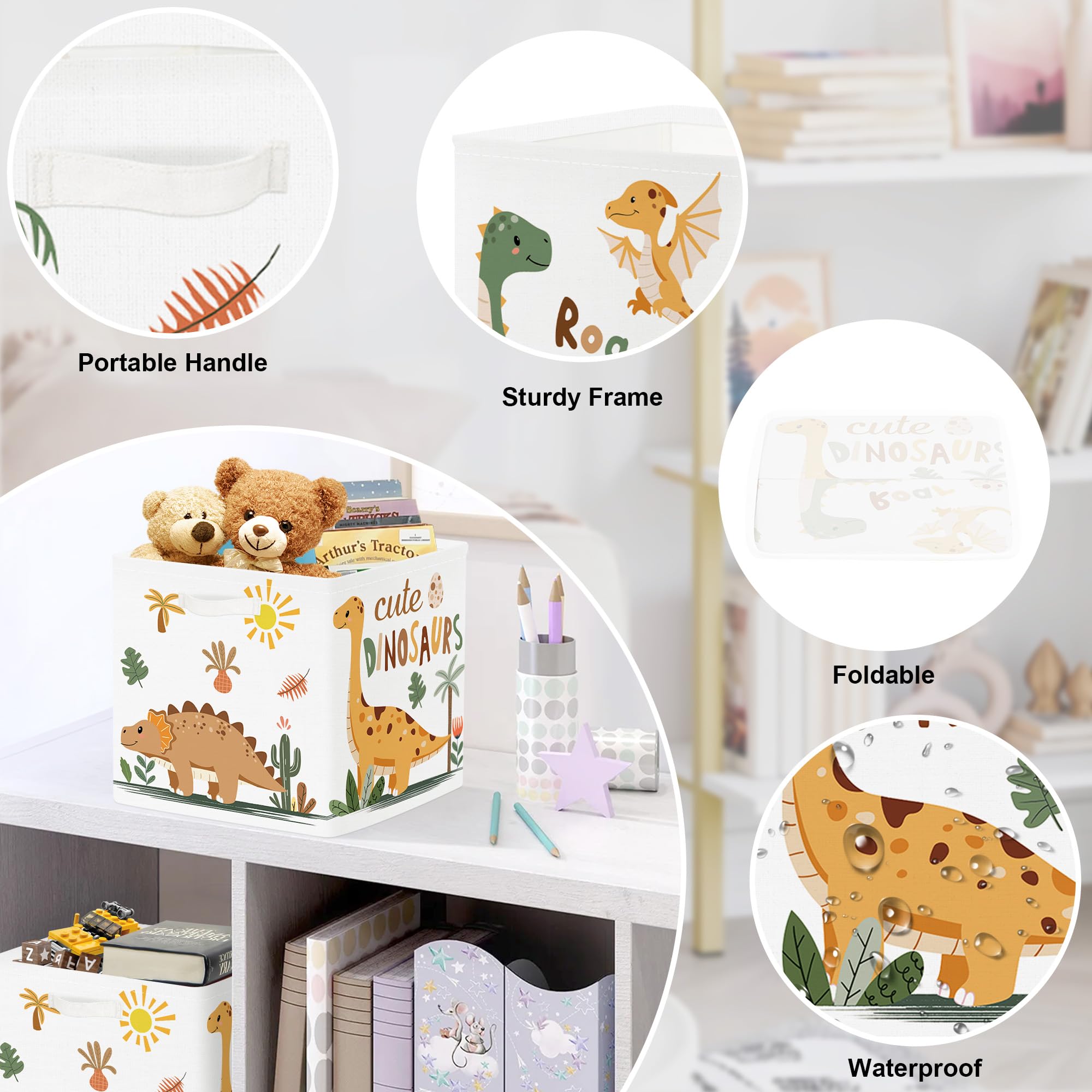 Boîtes de Rangement Lot de 3 Dinosaure Paniers de Rangement Cube Palmiers Œufs Enfant Pliables Coffre à Jouets Garçons Filles pour Étagères Livres, Cactus