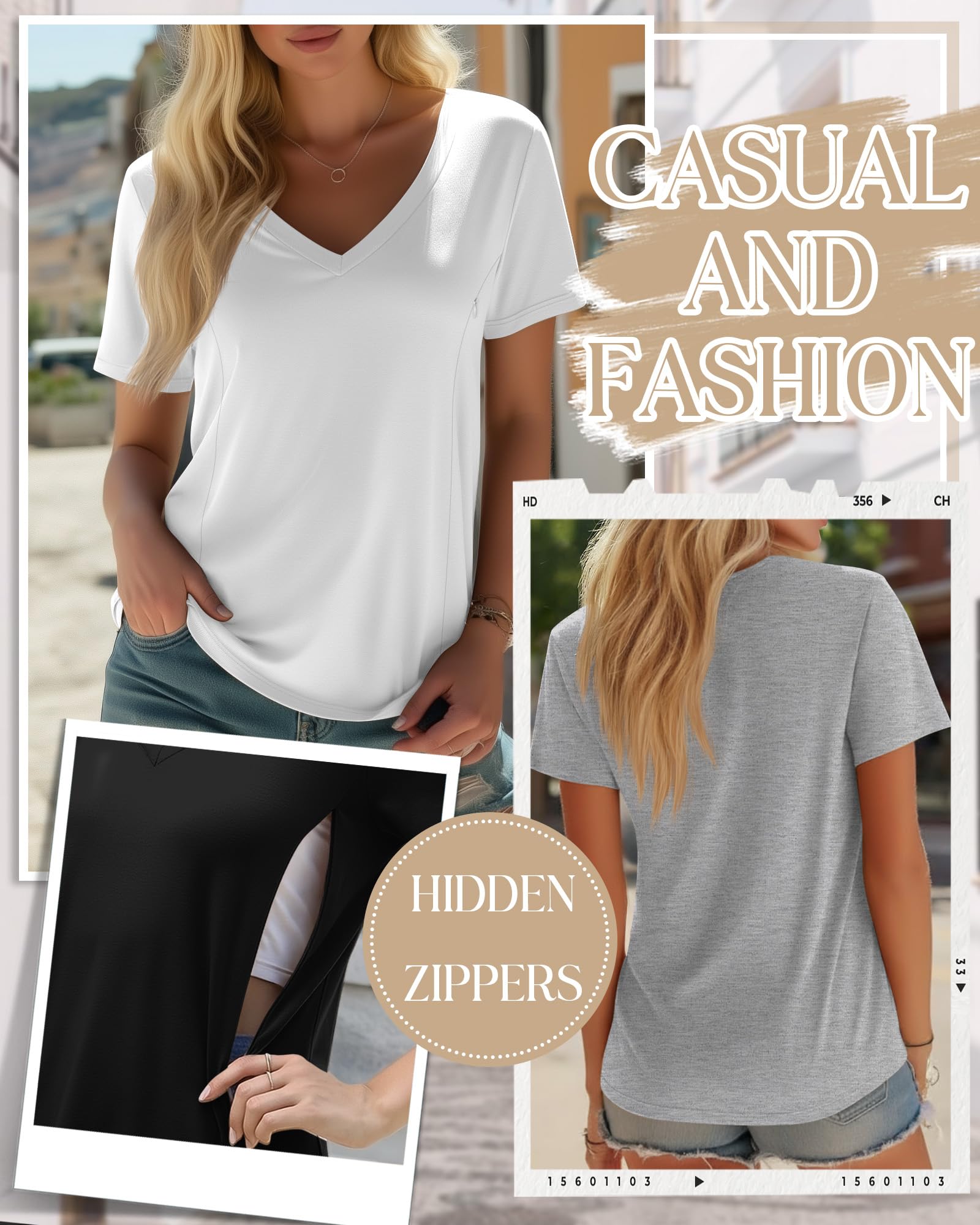 Xuniea 3er Pack Damen Stillshirts, Stilltops mit Verstecktem Reißverschluss zum Stillen & Abpumpen, V-Ausschnitt Kurzarm