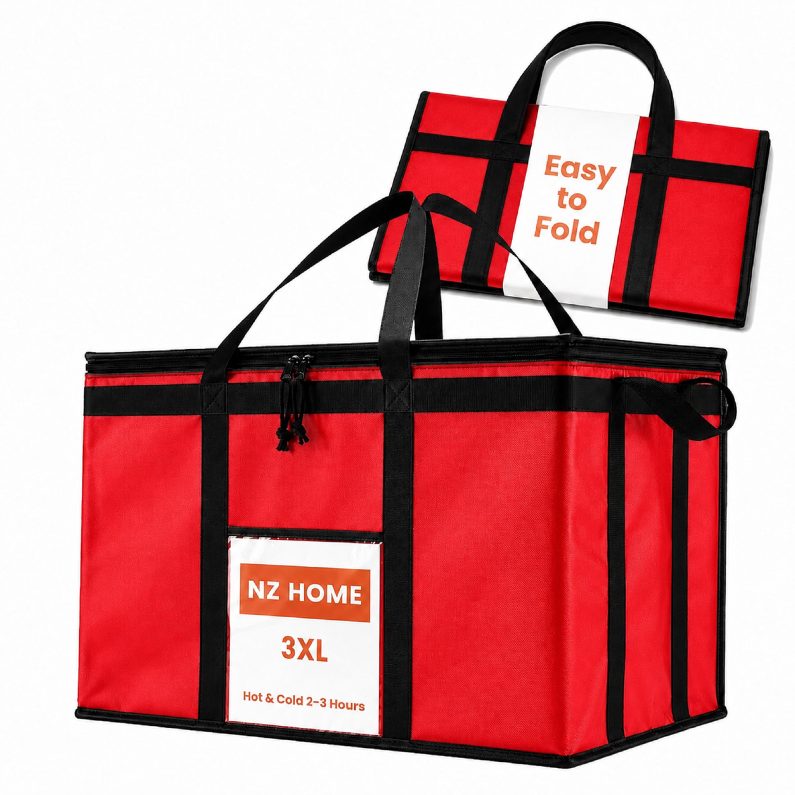 Borsa termica 3XL e scalda-alimenti per consegna e spesa con cerniera superiore, rosso (1 confezione)