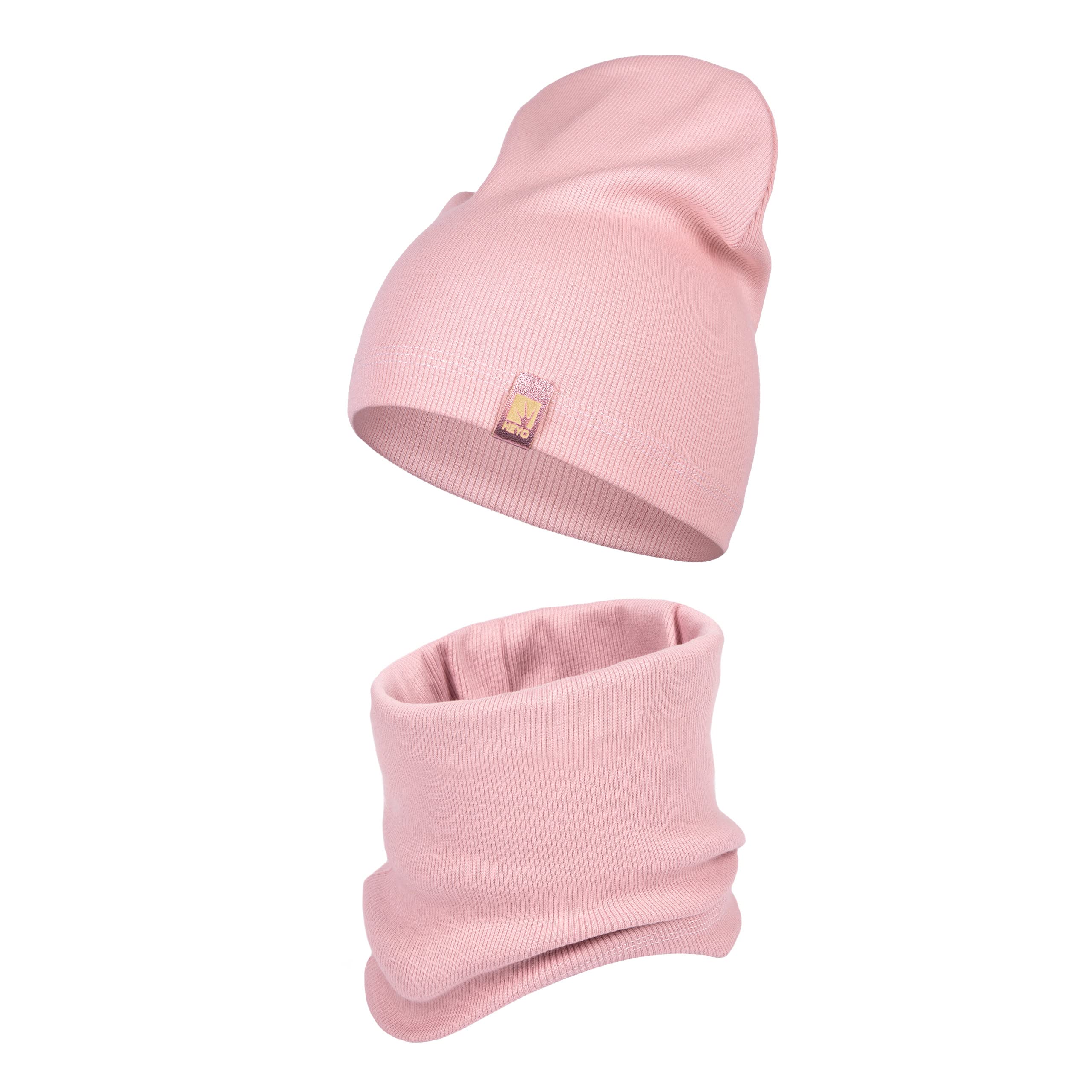 HEYO Kinder Beanie Mütze Schlauchschal Set für Mädchen Jungen Frühling Strickmütze Schal (Rosa)