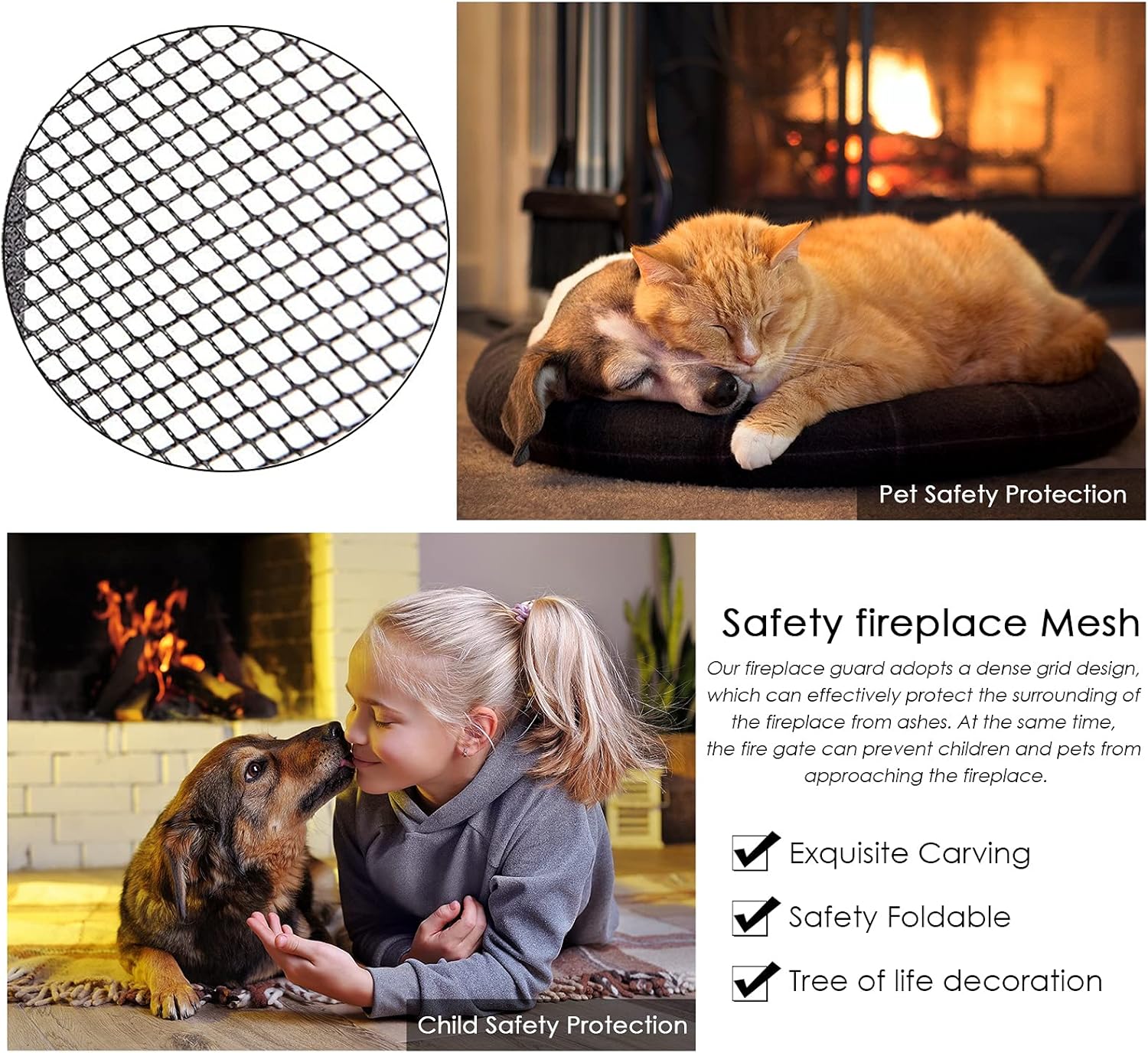 3-Panel Mesh Fireplace Screen for Gas Fireplaces, Foldable Steel Guard with Tree of Life Design, Outdoor Fire Place Accessories, Durable & Stylish Protection