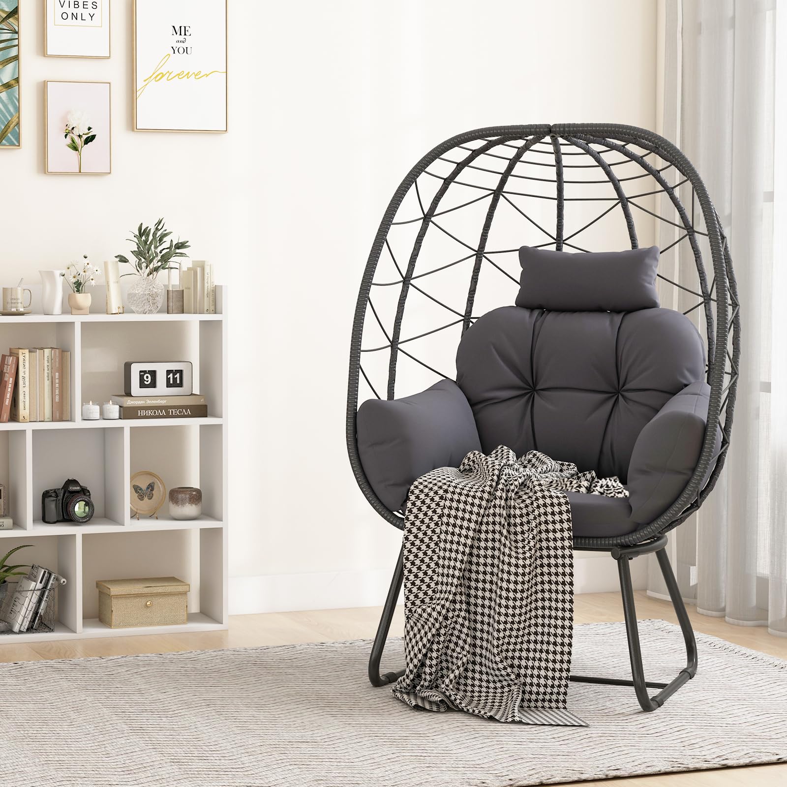 COSTWAY Poltrona in Rattan da Giardino, Cuscino Rimovibile (Grigio)