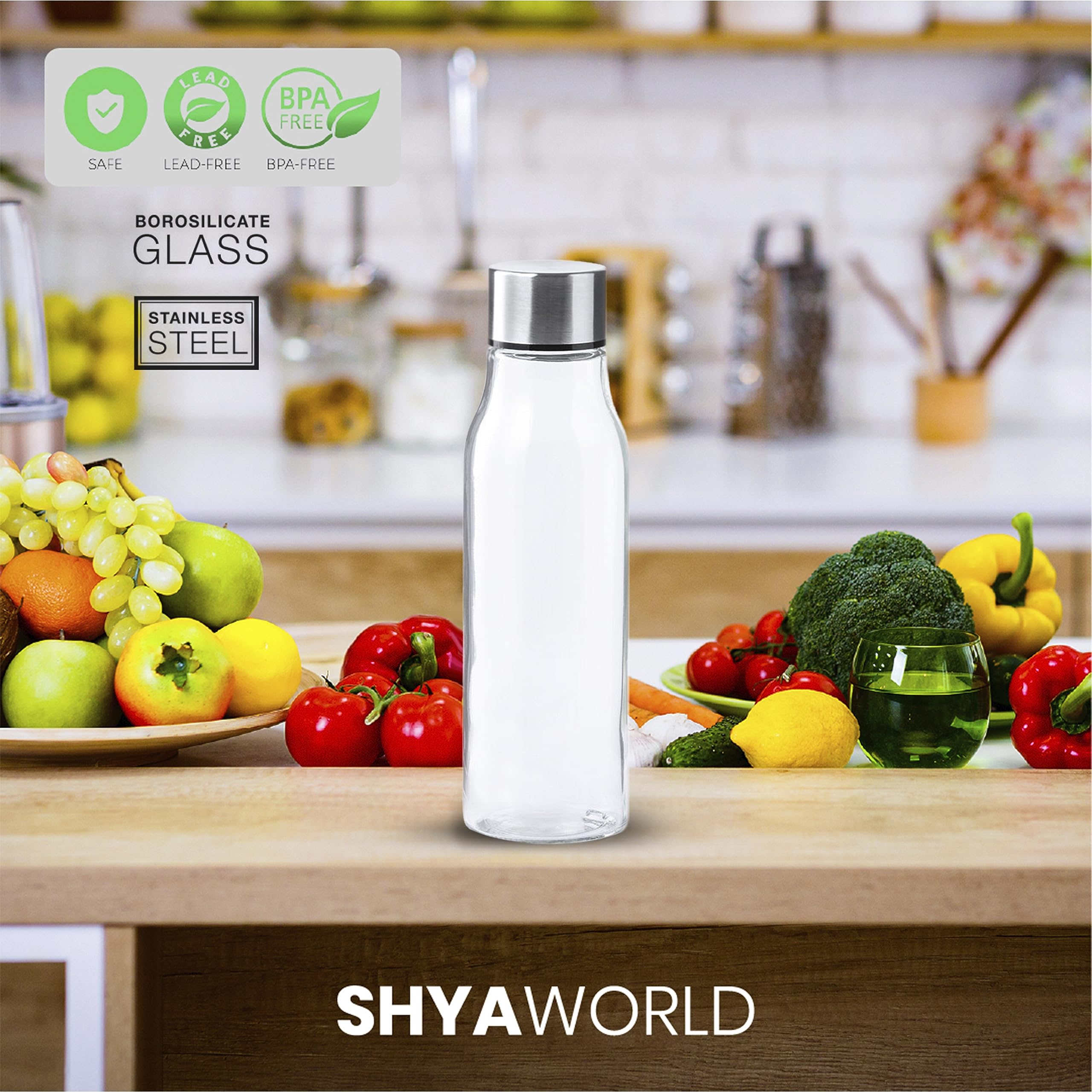 Botella De Cristal para Agua Cuerpo de Acabado Transparente borosilicato Tapón a Rosca en Acero Inoxidable. Cajas Individuales por Botella. (10)