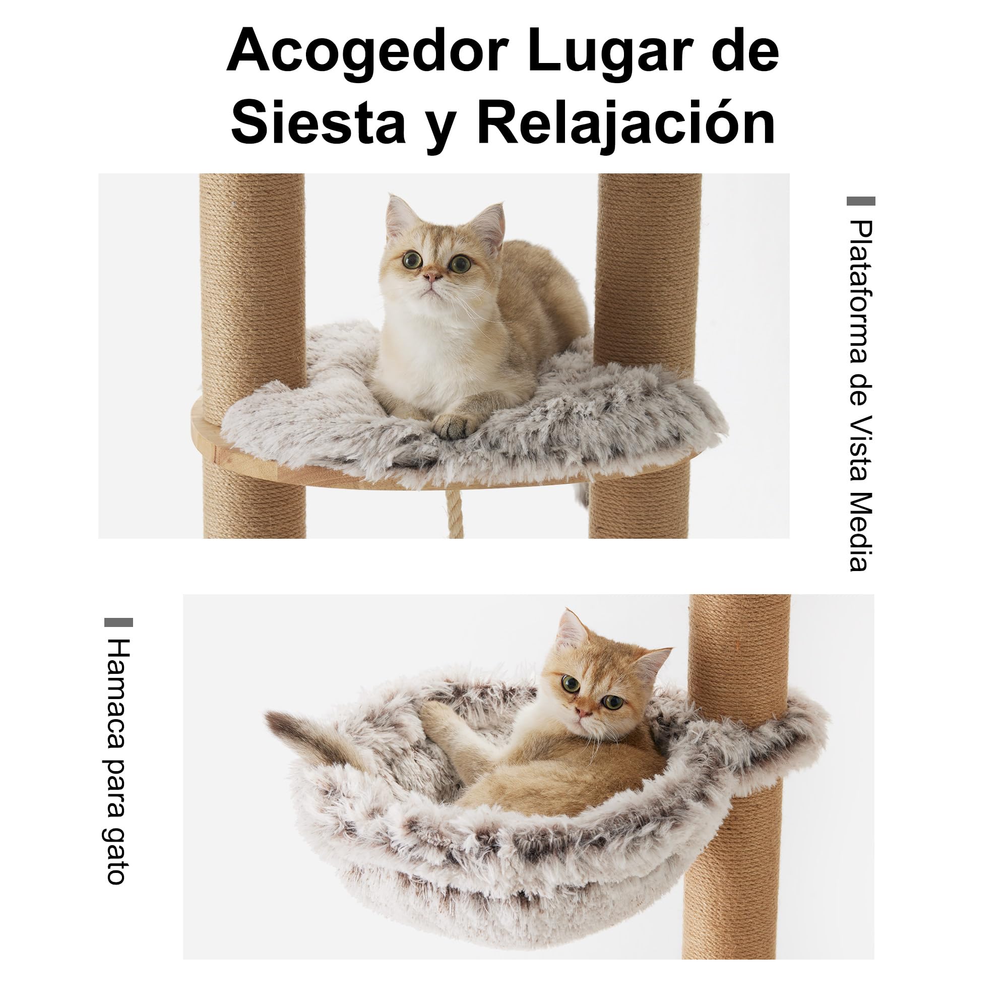 FUKUMARU Árbol rascador para Gatos 188 cm, Montaje en Pared, con Cama para Gato, Poste rascador, tapete rascador de Yute, árbol para Gatos de Madera de Goma Natural sólida, Felpa Suave, Gris Claro