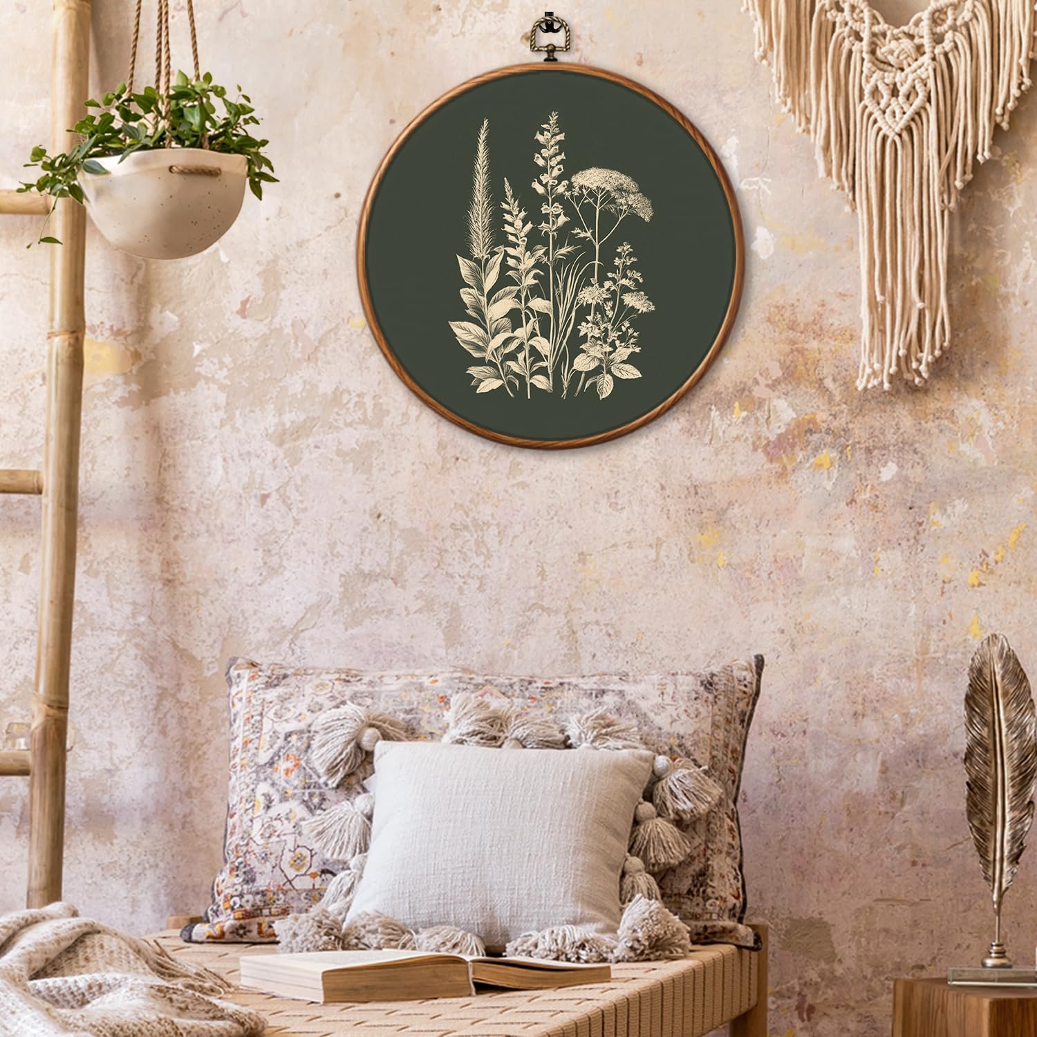 Chicimln Dark Green Botanical Round Wall Art, Vintage Moody Floral Framed Canvas Prints, Dark Academia Cottagecore Wildflower Circle Wall Hanging Decor for Home Bedroom Living Room 10x10 Inch,set of 2