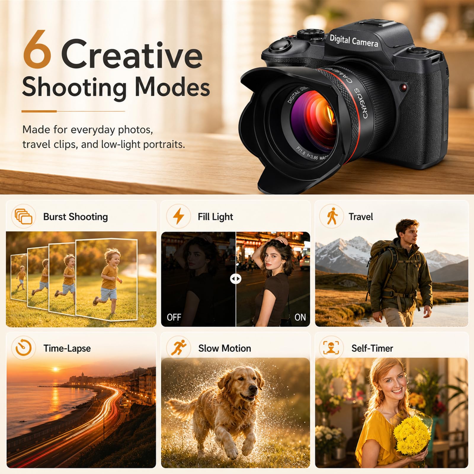 Cámara digital 5K para fotografía, cámara de vlogging de enfoque automático de 64 MP para video de YouTube con lente frontal y trasera, flash, cámara de viaje con pantalla táctil de 4 pulgadas