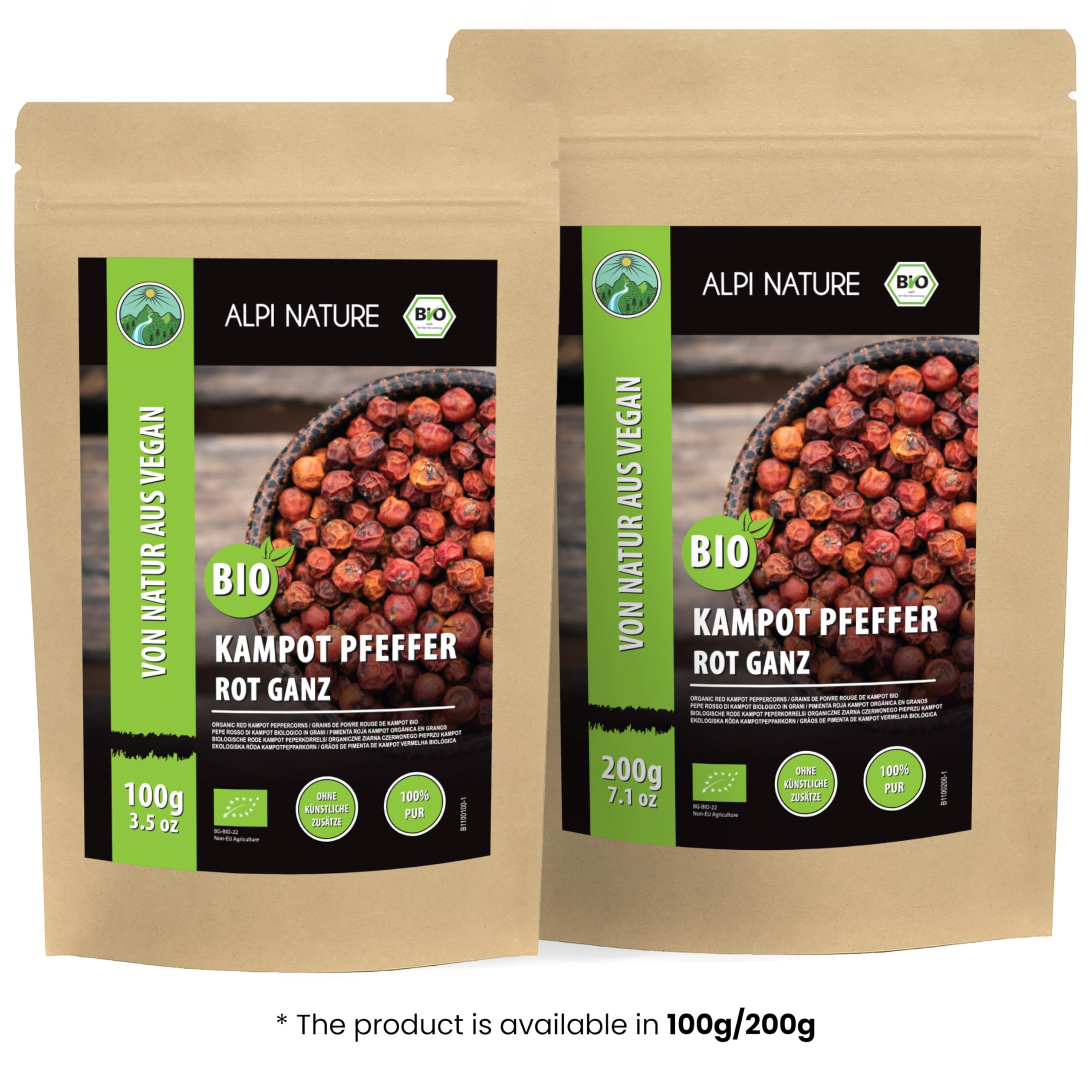 Alpi Nature Pepe Rosso di Kampot BIO 200g, Grani di Pepe di Kampot Biologico Interi per Cucinare