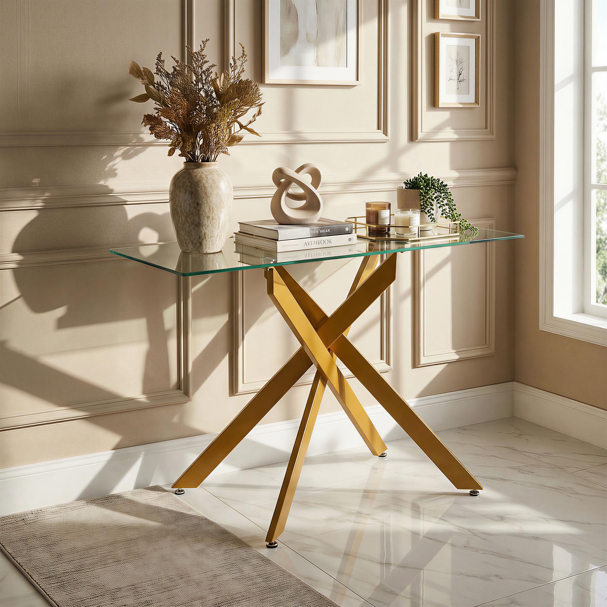 SOARS Konsolentisch mit ESG-Glas & Metalbeinen, moderner rechteckiger Beistelltisch mit verstellbaren Fußpolstern, Eingangstisch für Flur, Esszimmer & Wohnzimmer, 115 x 45 x 78 cm (Gold)