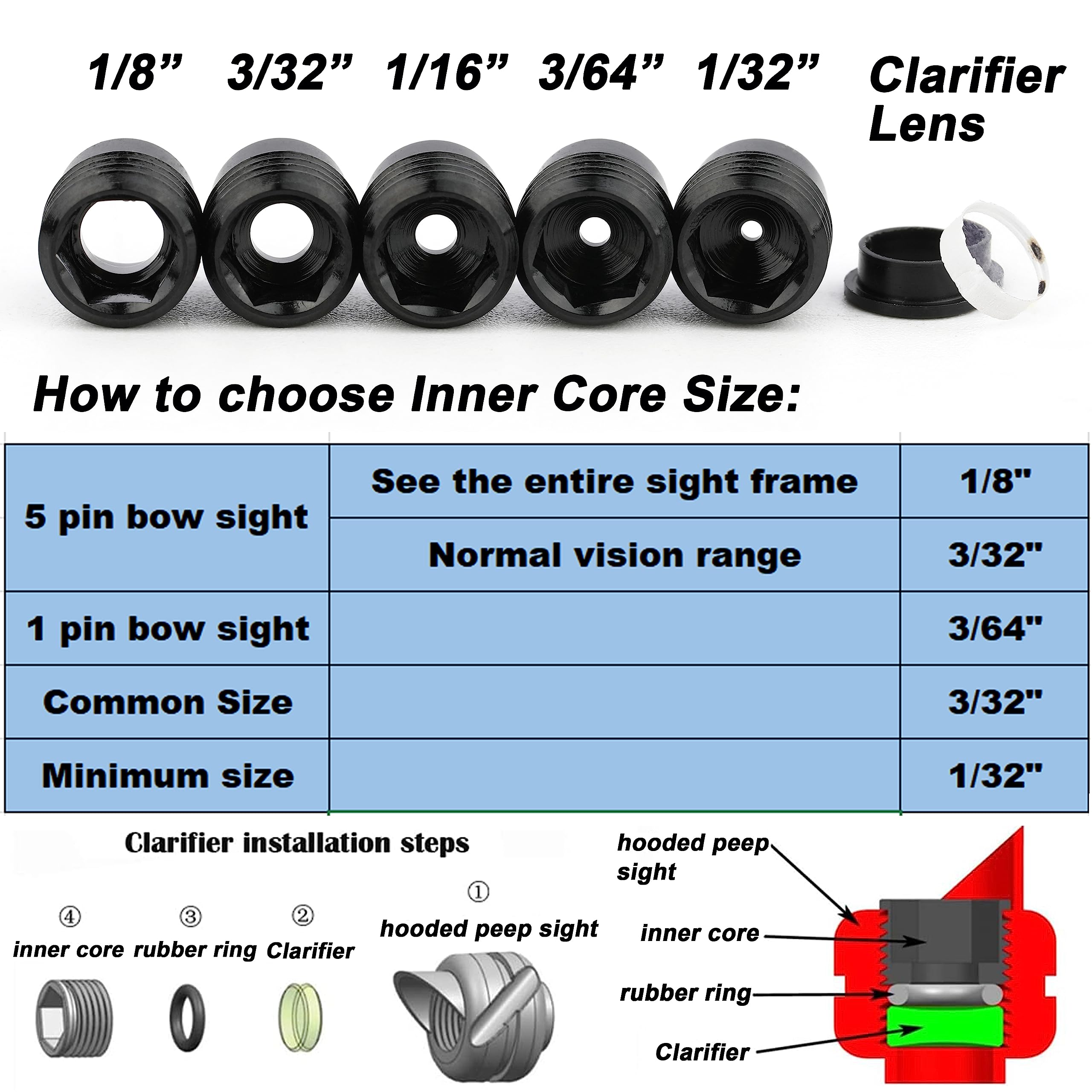 Tiro con l'arco Peep Sight Mirino per arco composto in alluminio 37/45 gradi 6x 8x Lente chiarificatrice 1/8" 1/16" 1/32" 3/32" 3/64" Kit di apertura