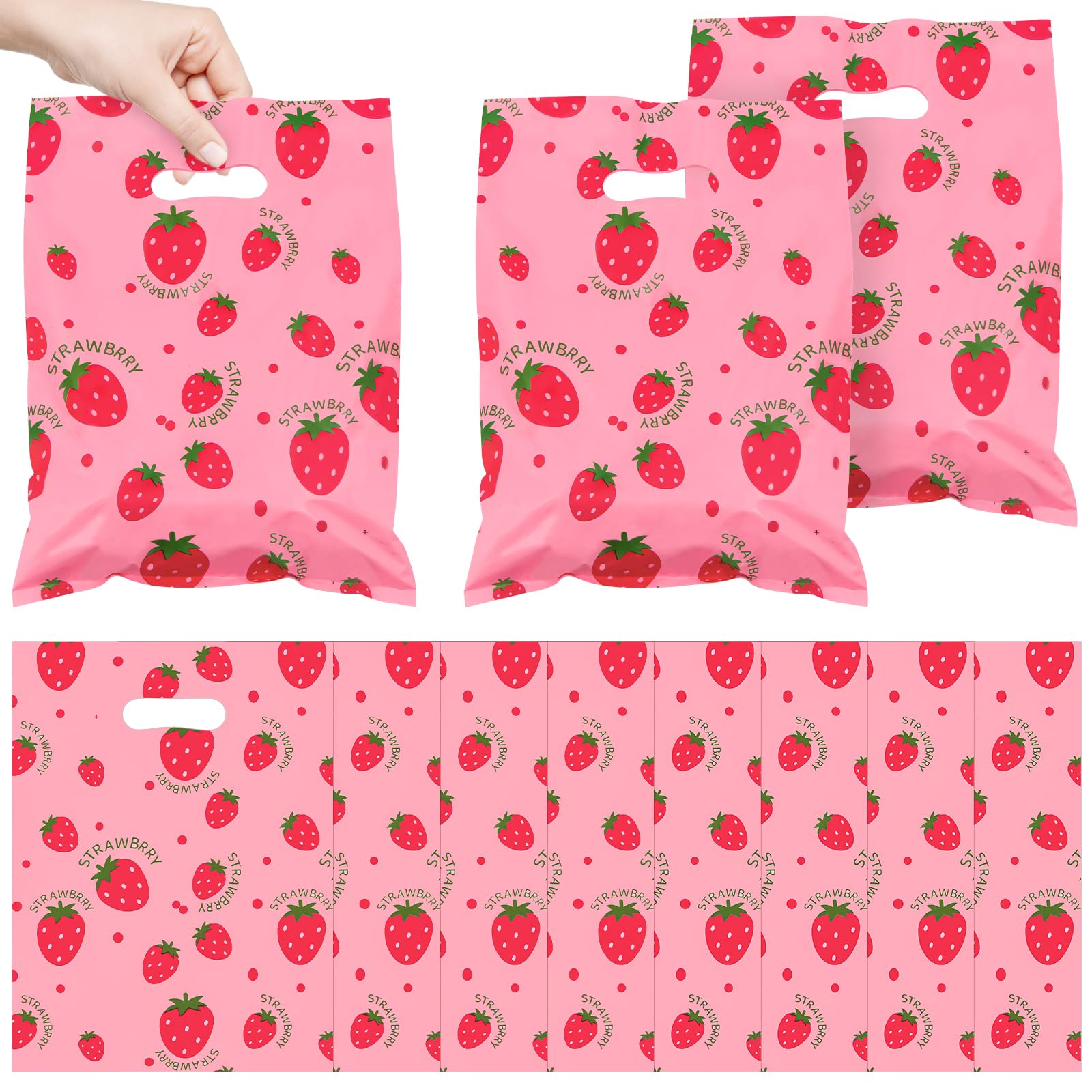50 Pcs Strawberry Gift Bags - 10x14 Inch Plastic Goody Bags With Handles, Pink Red Design For Birthday, Wedding, Party Favors