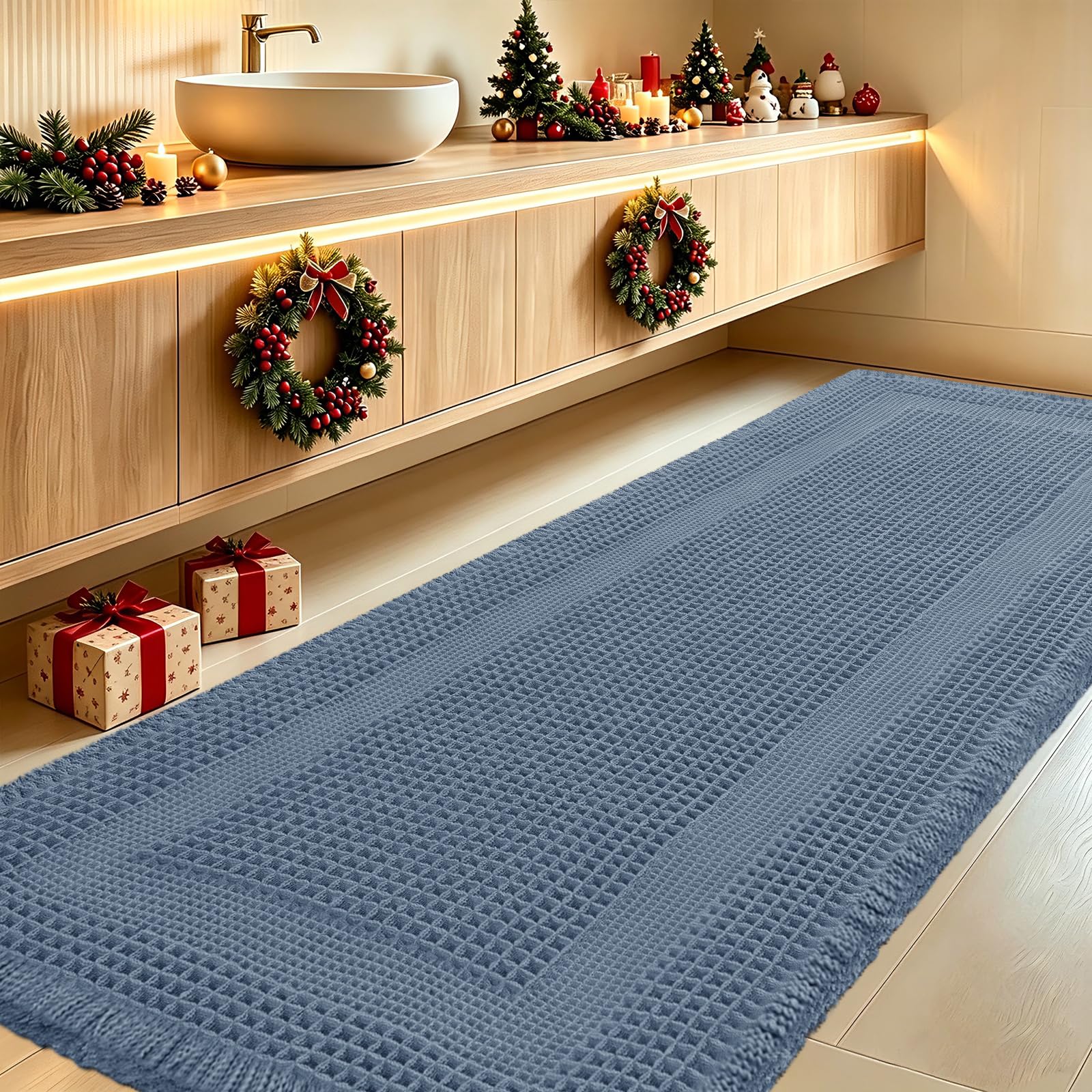 IM HOME Extra Large Waffle Bath Mat, Boho Bathroom Rugs Absorbent Non Slip, Ultra Soft Bathroom Mat, Machine Washable Knit Bath Rugs with Tassels for Bathroom, Bedroom, Kitchen, Shower, 6'x2', Blue