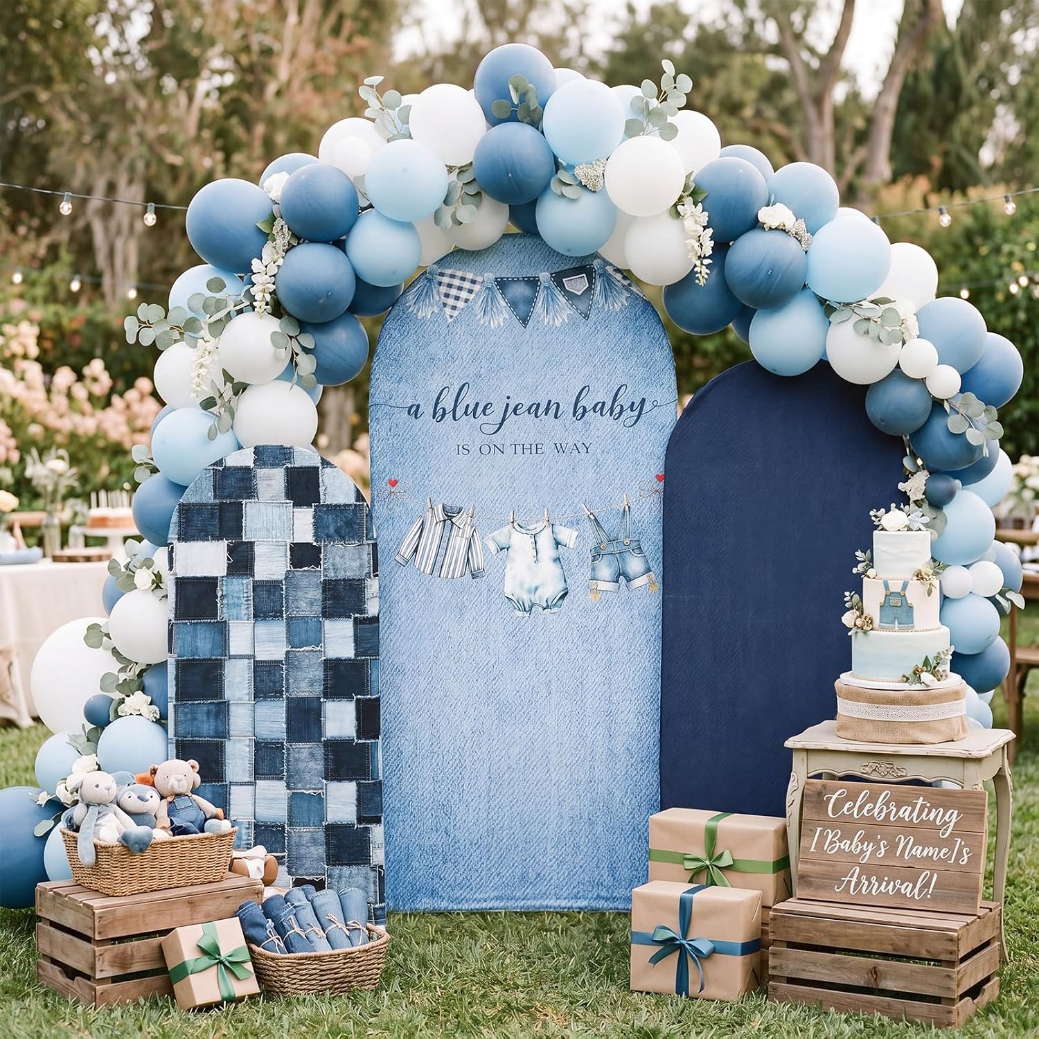 Chunful 3 Pcs Blue Jean Baby Shower Arch Backdrop Cover Baby Shower Photo Background Decor 2-Sided Round Top Cute Backdrop Arch Cover for Wedding Birthday Party Decoration 6 Ft/5 Ft/4 ft (Blue) image 5
