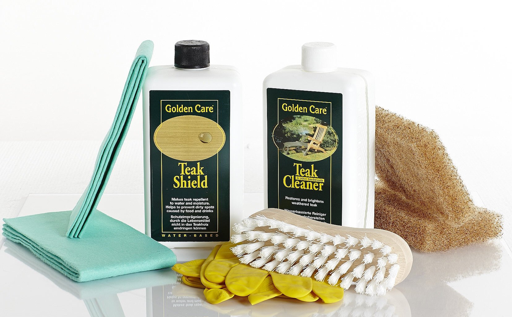 GOLDEN CARE Teak Shield + Cleaner Holzpflegeset 8tlg. Fleckenschutz Holz Reiniger Holzschutz Holzpflege für Gartenmöbel