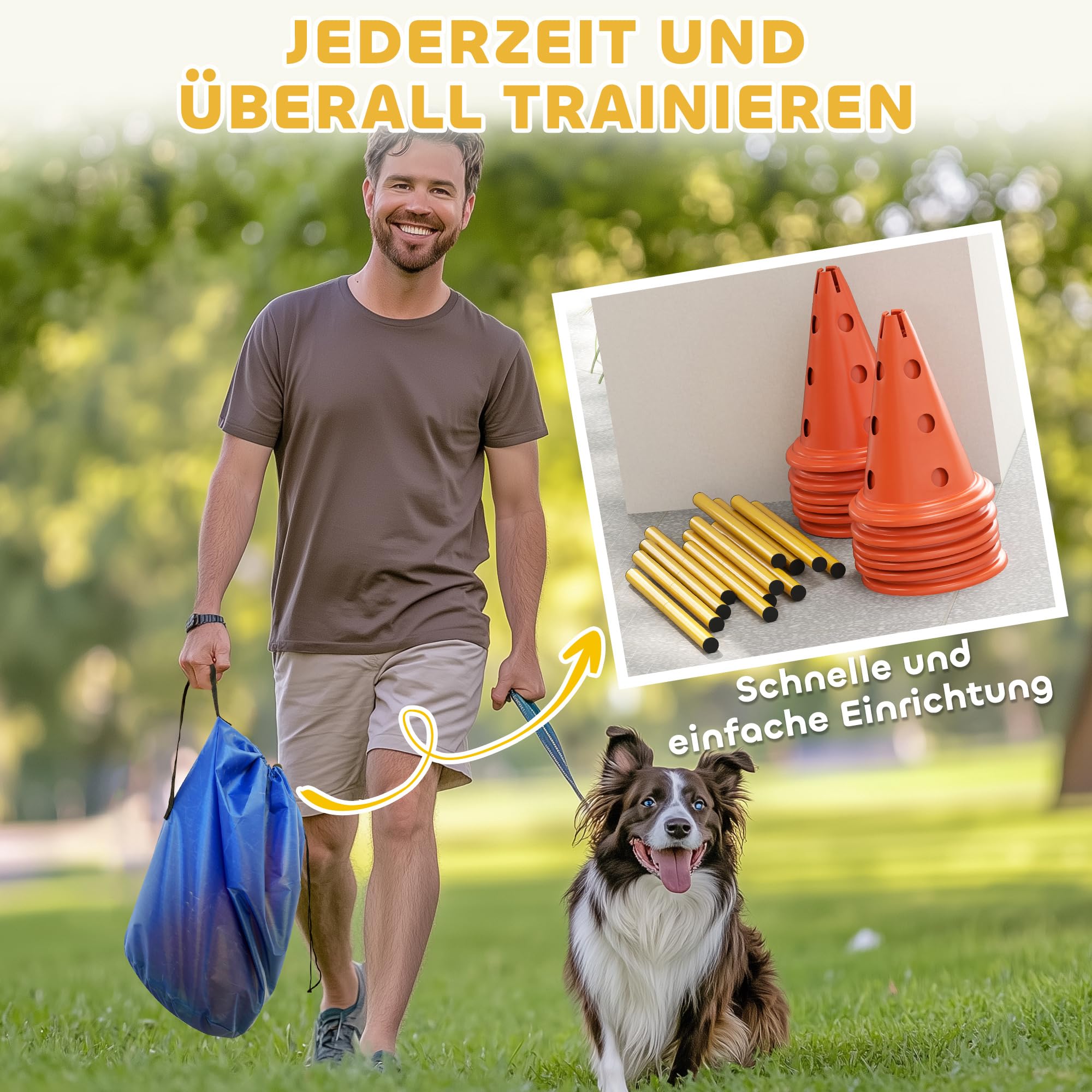 PawHut Set Agilidad Perros 6 Piezas Equipo 12 Conos Naranja | 6 vallas de altura ajustable, bolsa transporte, set entrenamiento para perros