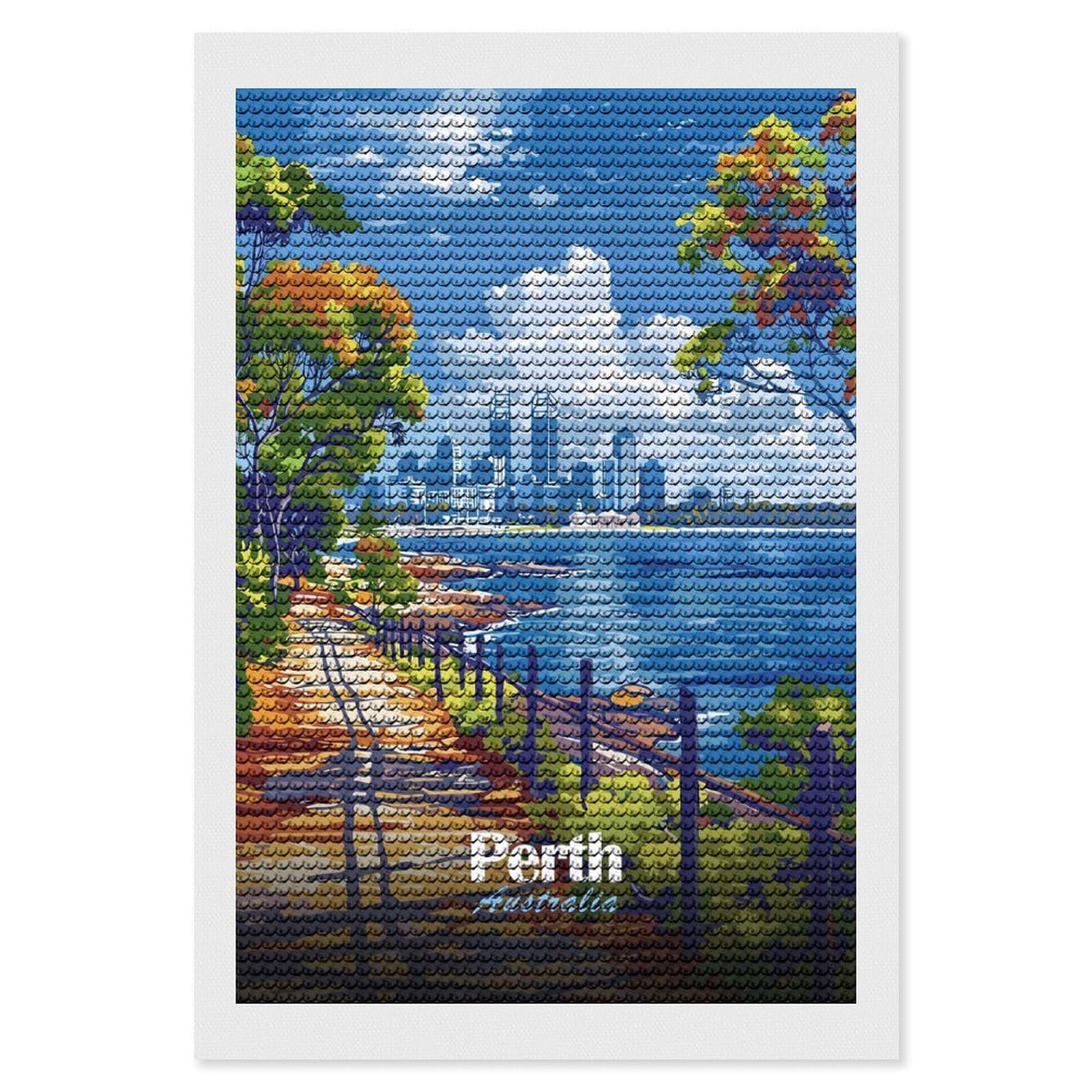 Junmoney Perth Australia Cityscape Travel Diamond Art Canvas 8"x12", for Teens, Nice Detail and Sparkle, Farmhouse Decor, Festive Craft Gift, Easy to Enjoy