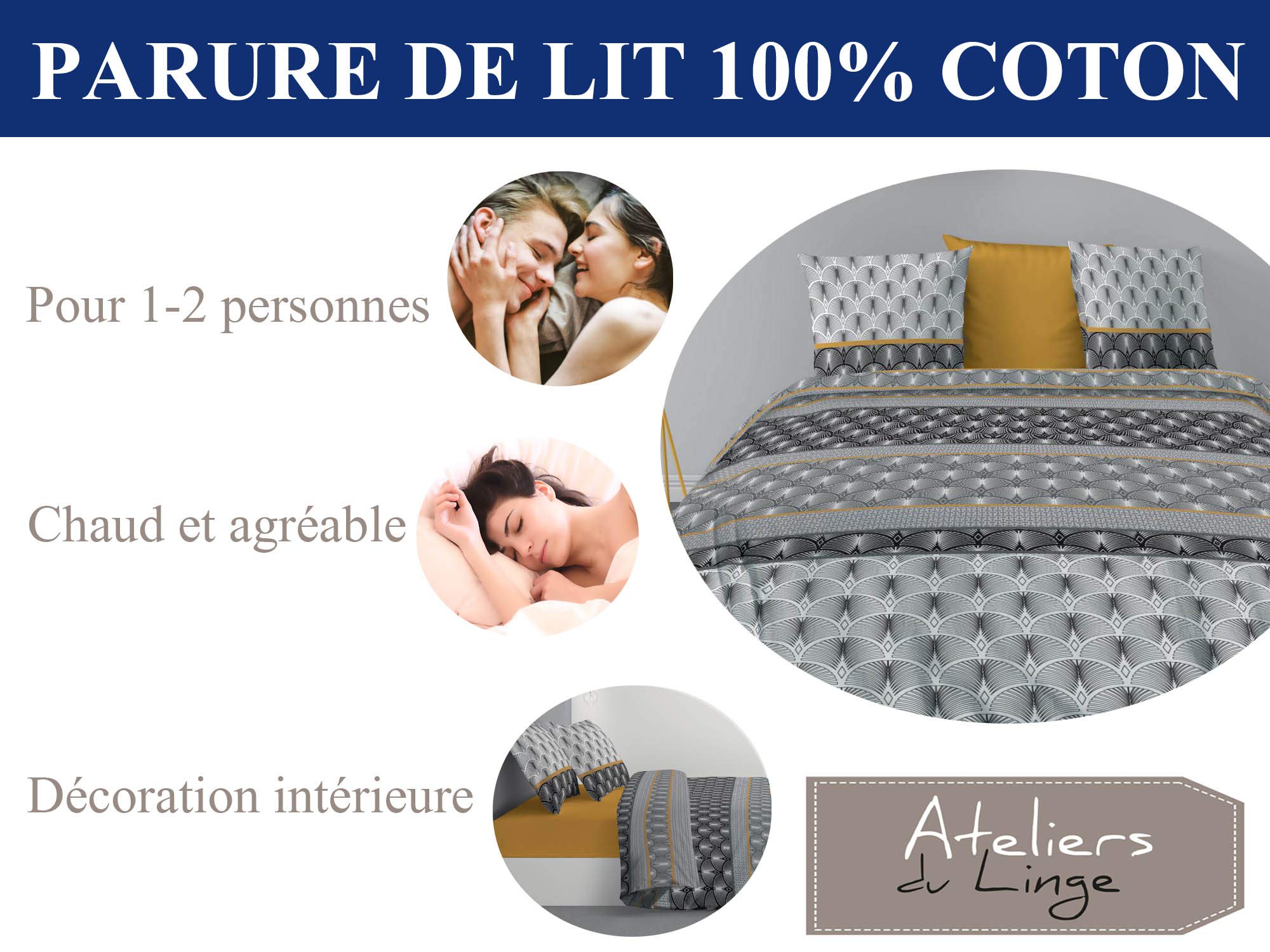 Parure De Lit Saky Gold 240x220cm - 100% Coton 57 Fils - Style Art Déco - Housse Couette + 2 Taies