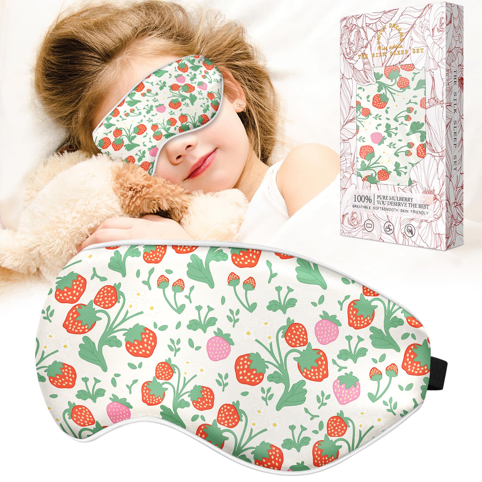 Kids Sleep Mask - Silk Eye Mask for Kids Cute Cartoon Cool Kawaii Soft Smooth Lightweight Boys Girls Teens Sleeping Mask with Adjustable Straps, Strawberry