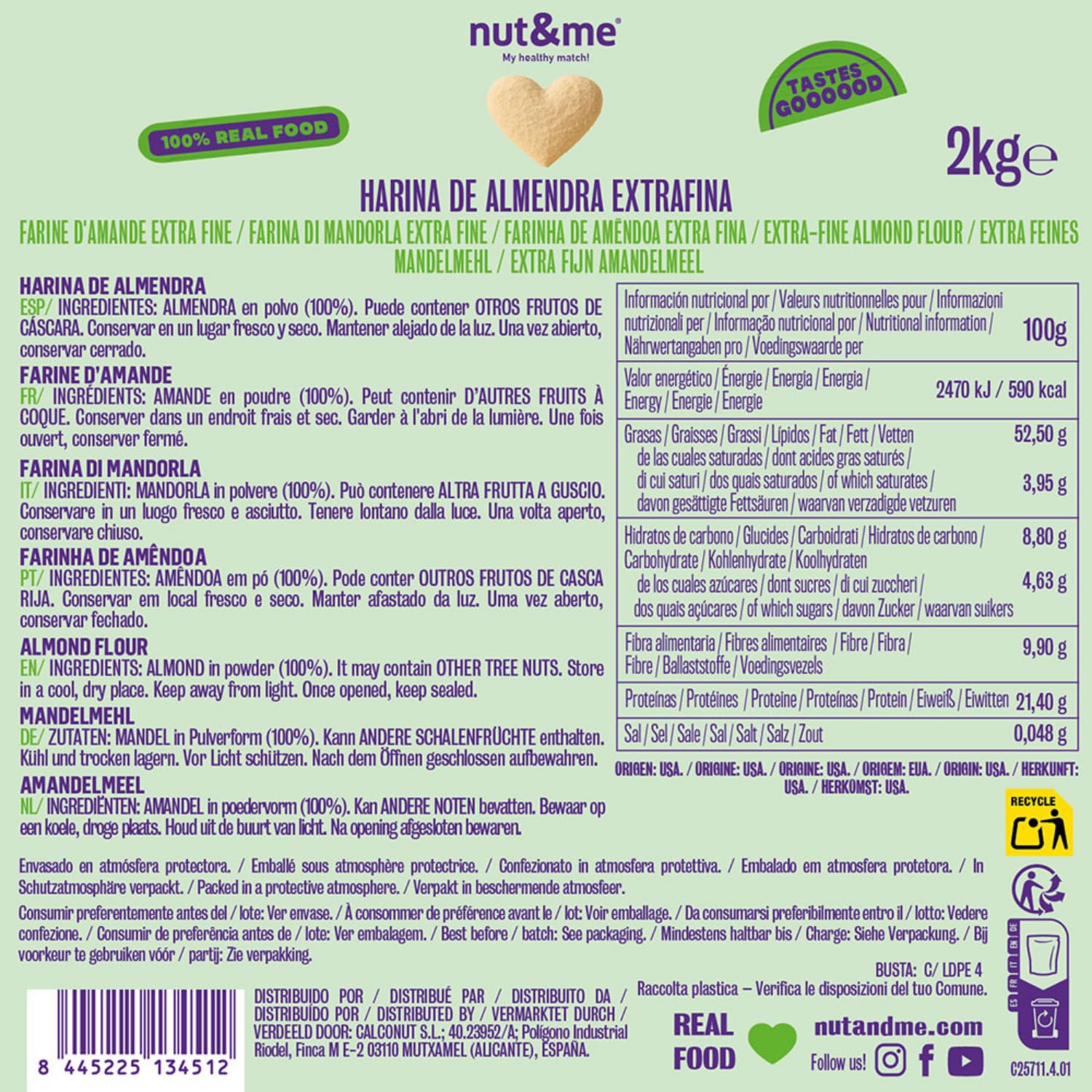 nut&me Farine d'amandes 2 kg Poudre d'amande Extrafine Sans Gluten Vegan Haute teneur en protéines