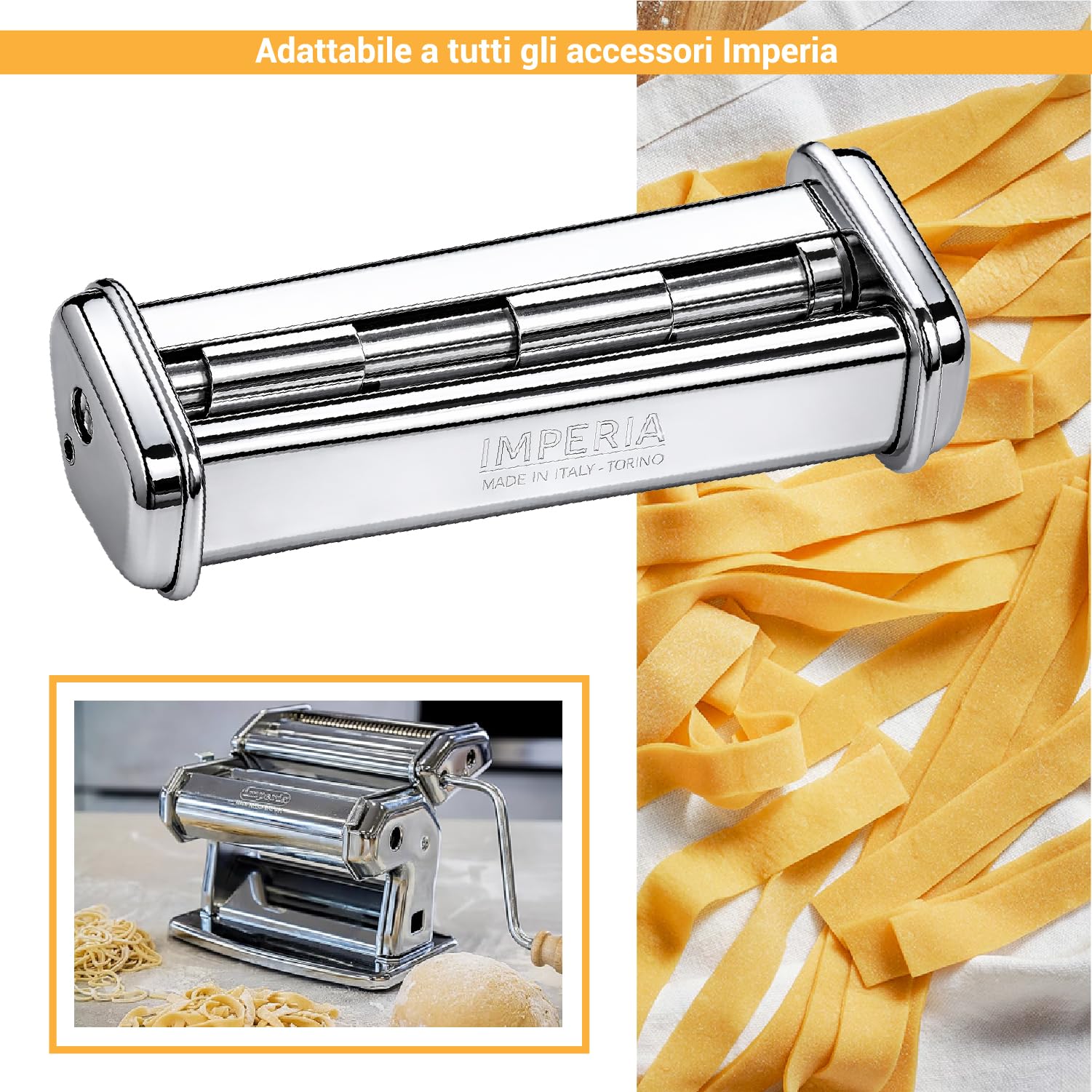 Crisalide® - Máquina para pasta Imperia, máquina clásica, fabricada en Italia, máquina para pasta fresca de acero. Manual con manivela, ajustable 6 grosores, acero cromado (Simplex Pappardelle)