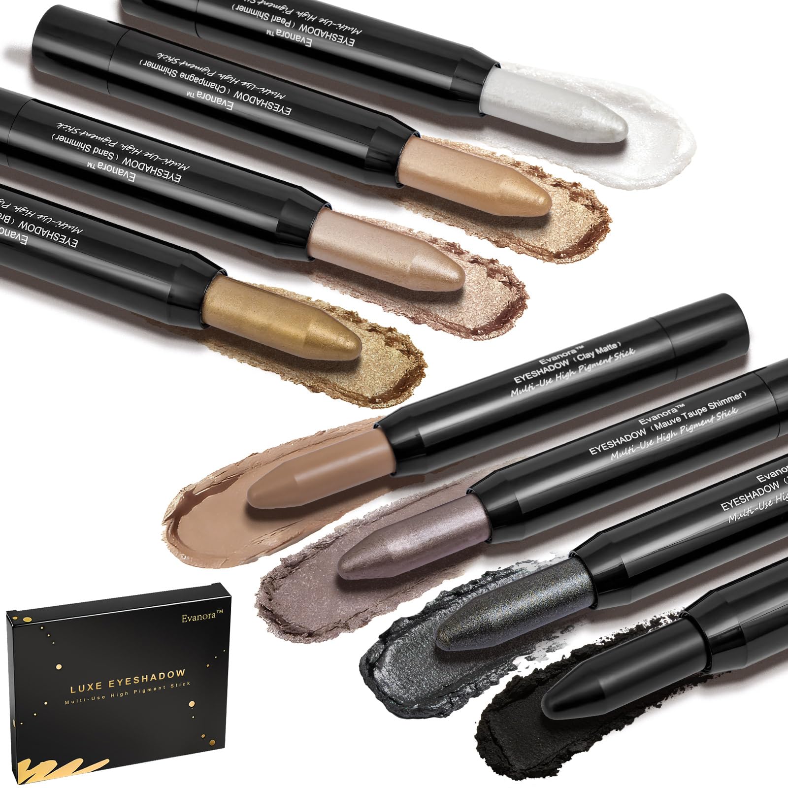 Evanora 8Color Eyeshadow Stick Set Matte Shimmer Eye Shadow Pencil Makeup Kit Silky Smooth, Waterproof, Transfer-Proof, All-Day Wear Matte & Shimmer Eye Makeup