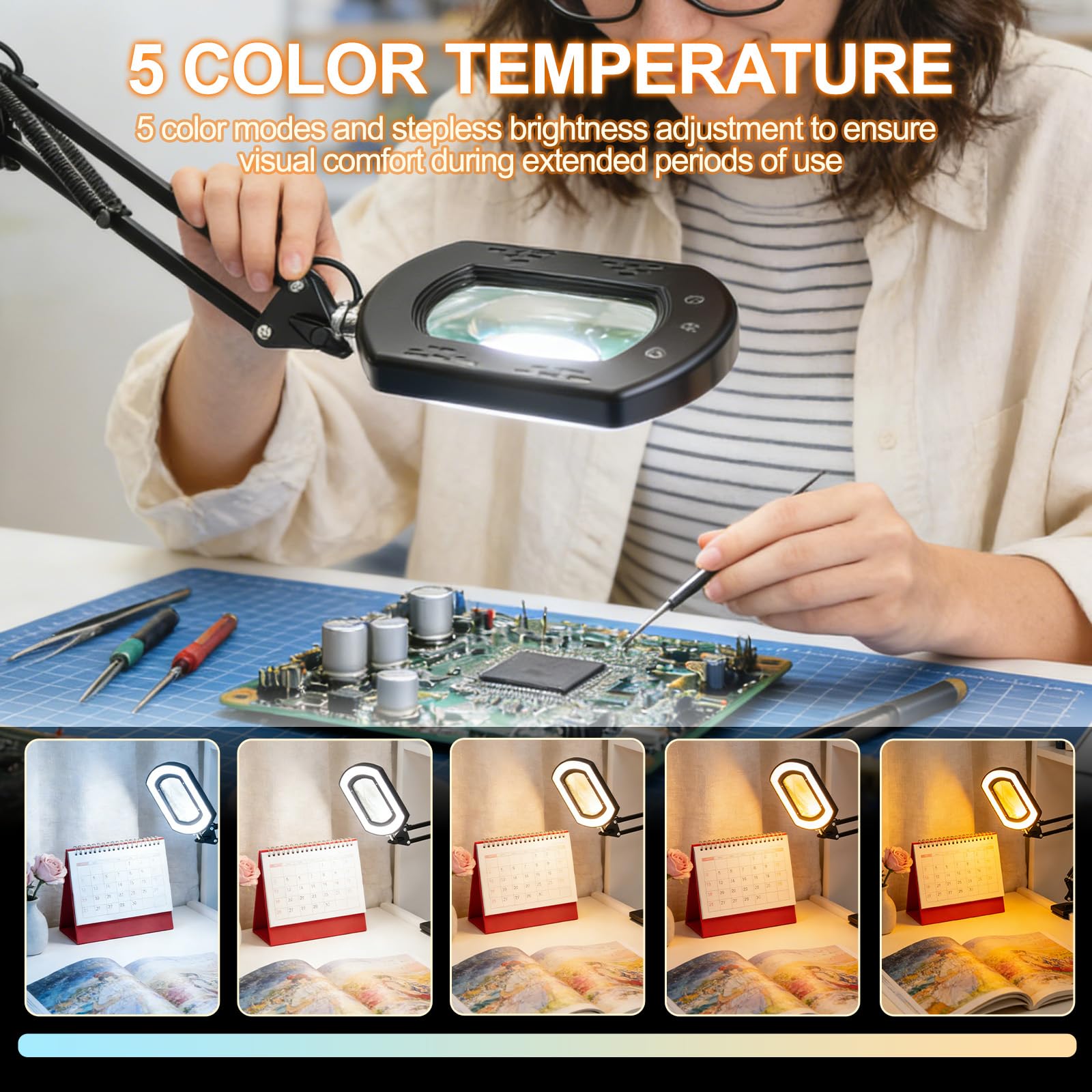 Lente d'ingrandimento 15X con luce e supporto, lampada da tavolo 2 in 1 con