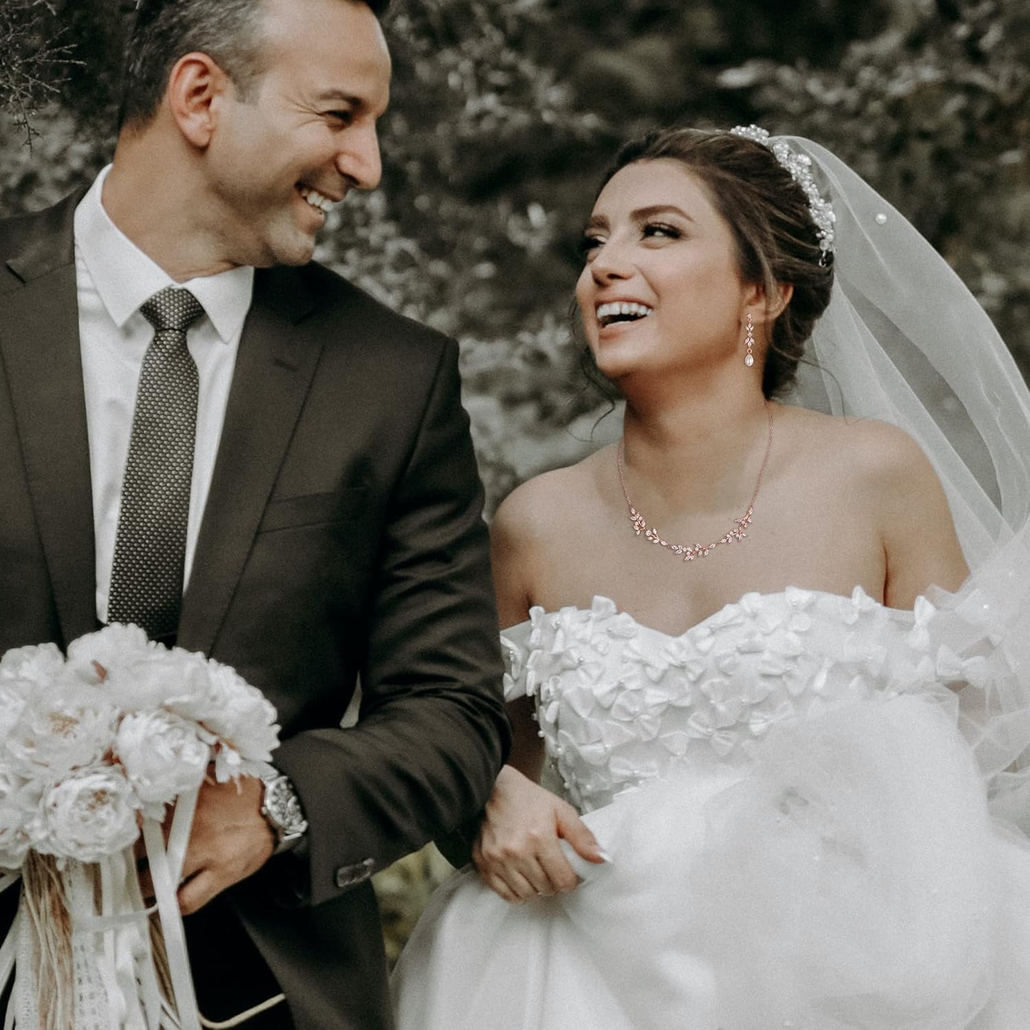 Crysdue Floral Bridal Jewelry for Wedding, Cubic Zirconia Wedding Jewelry Set for Bride Bridesmaid, Elegant Simulated Pearl Cluster Necklace Earrings Set for Wedding Prom Party - Image 2