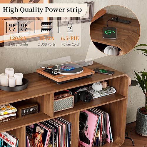 Miniatura 3 de Soporte para tocadiscos con gabinete de almacenamiento de vinilo con estación de carga y puertos USB, soporte para tocadiscos, gabinete curvo de