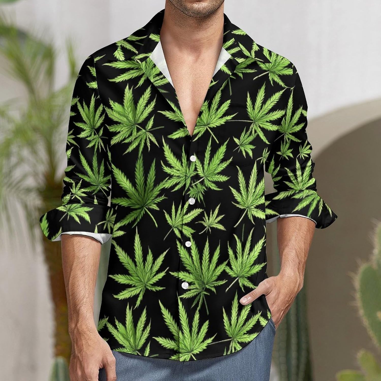 Green_Weed Long Sleeve Shirts Casual Dress Shirt Button-down T-shirts for Men