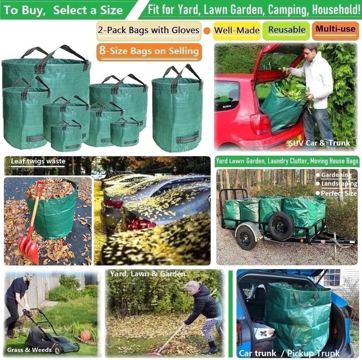 Professionelle 2er-Pack 72 Gallonen Yard Gartensäcke (D26, H30 Zoll) mit wasserdichten Gartenhandschuhen, Campingabfallbeutel, Grasclippingsbeutel, Hofabfallbeutel, Recyclingbeutel mit 4 Griffen