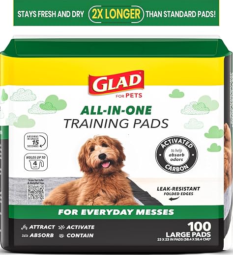 Glad for Pets Black Charcoal Training Pads for Dogs, 23″ x 23″ – Super Absorbent & Odor Neutralizing Dog Potty Pads, Leak-Resistant Puppy Pee Pads, Pheromone Attractant for Easy Training, Pack of 100