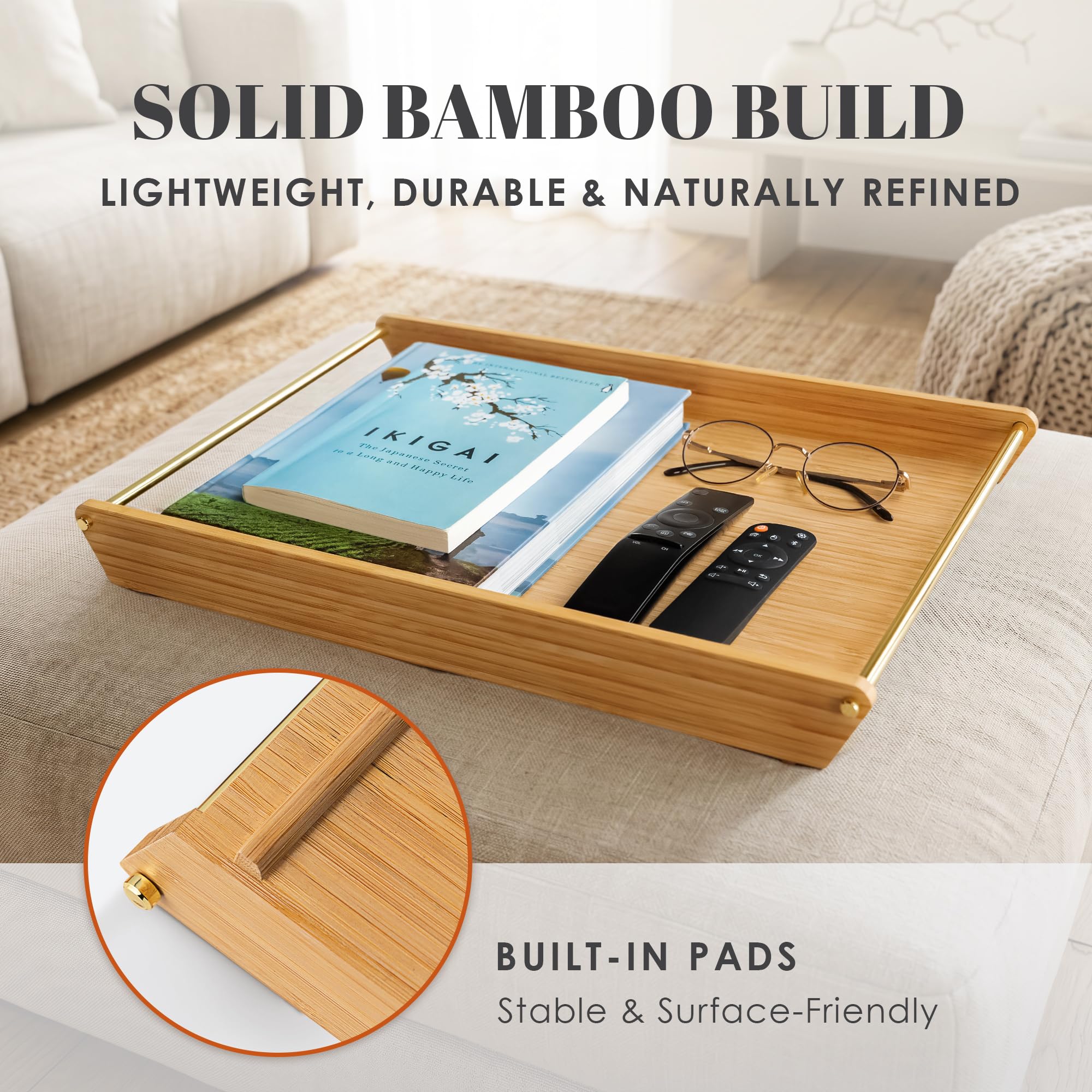 Lujosa bandeja de madera para servir con asas de metal, 17 x 12.2 pulgadas, bandeja otomana decorativa y bandeja de mesa de café para desayuno en la cama, cena y más (asas de bambú/dorado/divisores