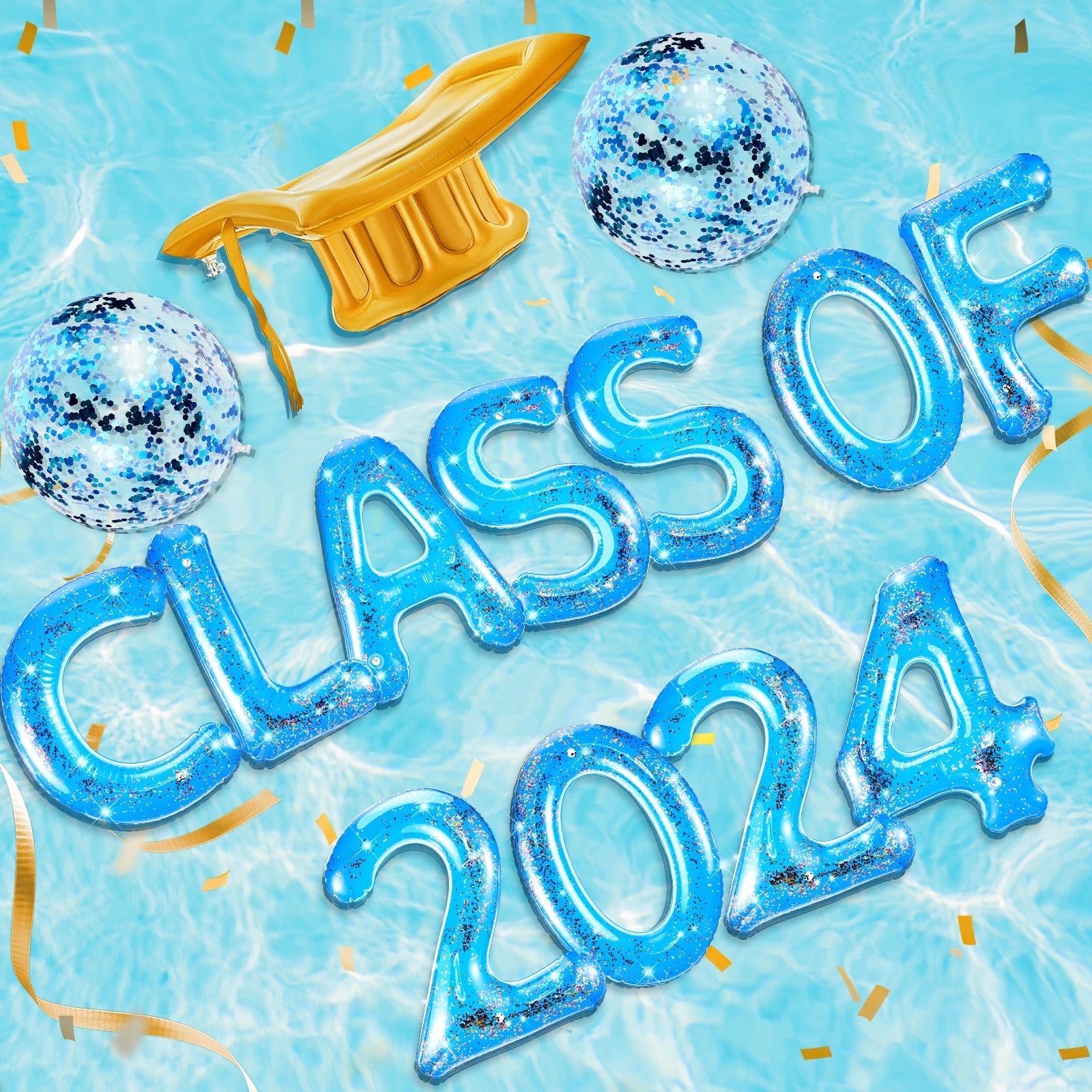 Sumind 14 Pcs Blue Class of 2024 Grad Pool Float 20 Inch Inflatable Letter Pool Float Blue Graduation Decorations with Glitter Beach Ball Graduation Hat for Party Grad Decor Beach Pool