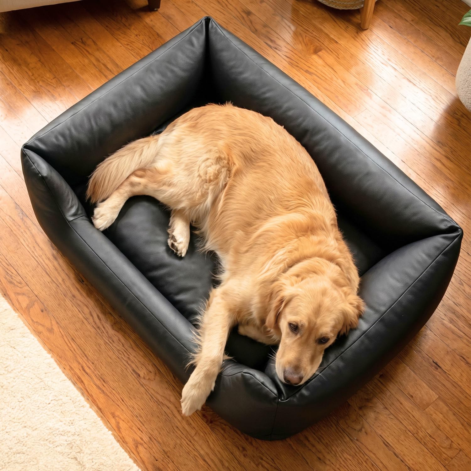 4L Textil Mario Orthopädisches Hundebett aus Kunstleder XL Hundekorb Kunstleder Große Hunde Memory Foam Visco Wasserabweisend Robust Komfortabel (120x90x25 cm, Schwarz)