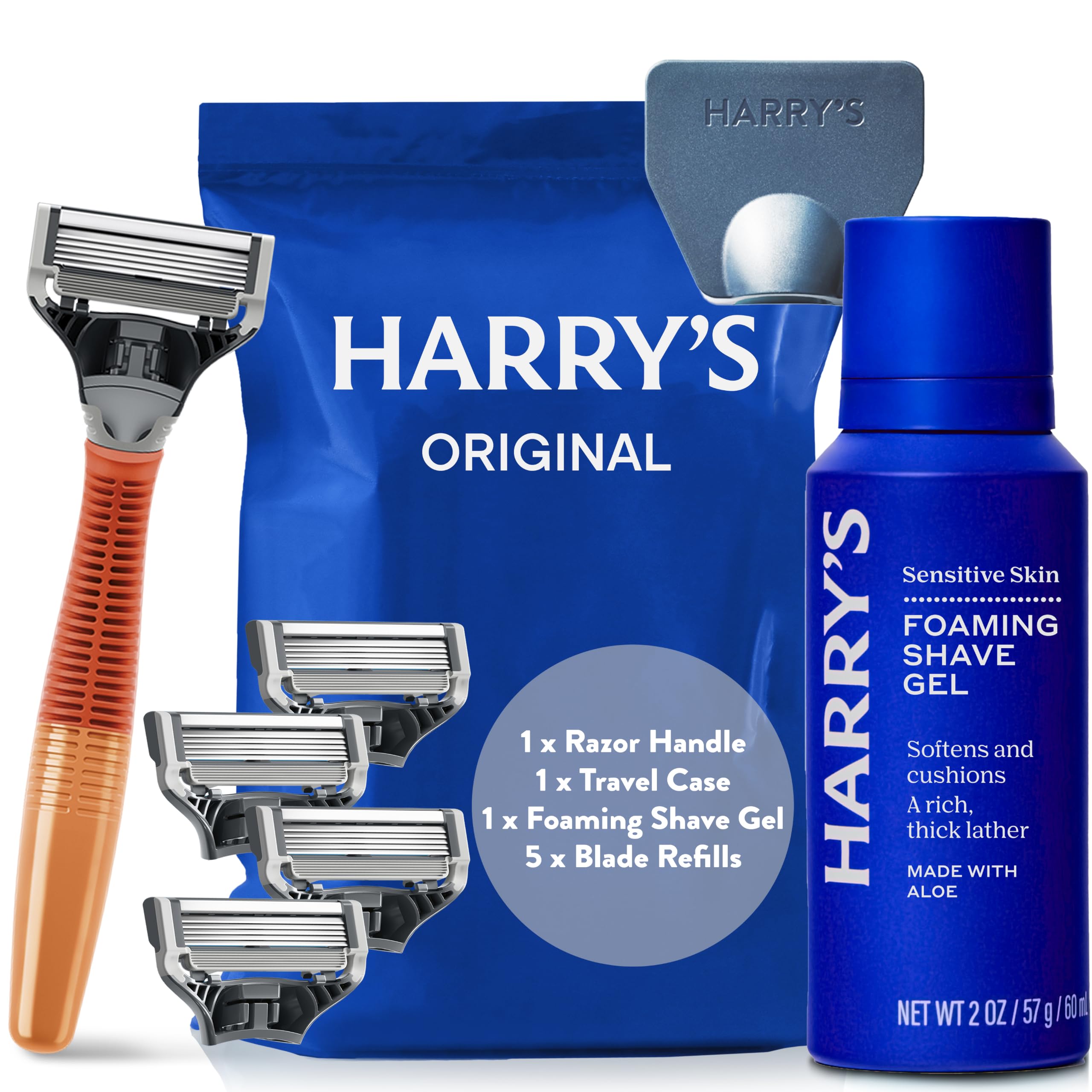 Harry's Razors for Men - Men's Razor Set with Bright Orange Handle, 5 Razor Blade Refills, Travel Blade Cover, 60ml Shave Gel