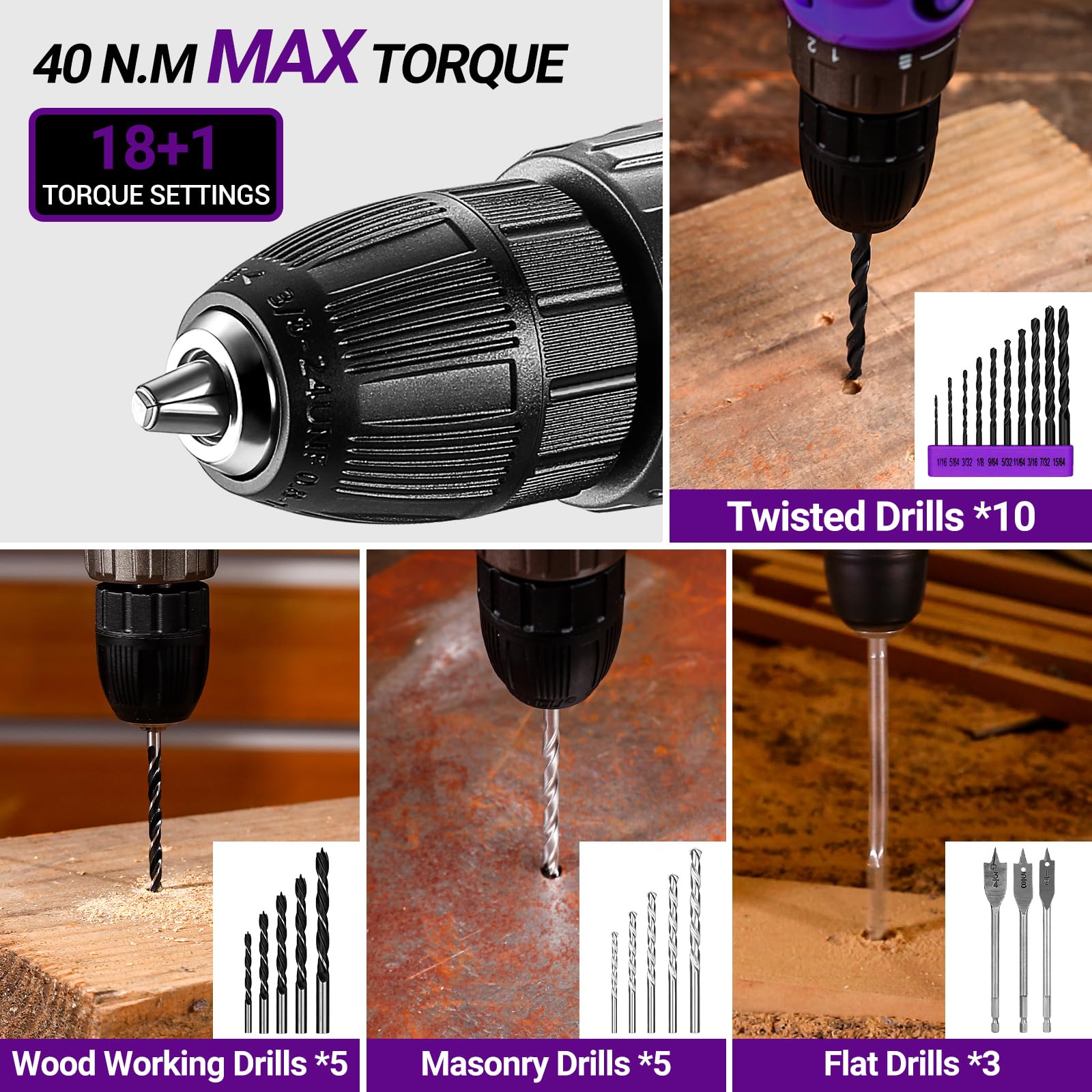 DEKO Caisse à Outils Complète 186 Pièces: Boîte à Outils Violet avec Perceuse Visseuse Sans Fil 20V, 1.5Ah Batterie, pour Maison, Bureau et Voiture, pour Entretien Quotidien
