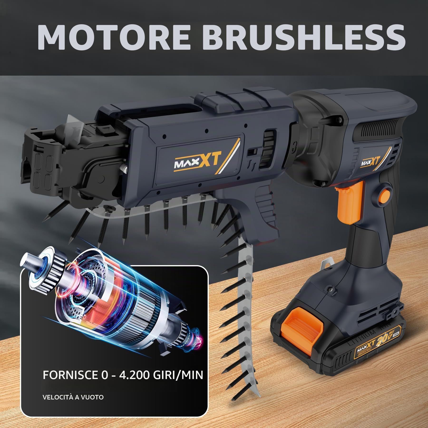 20V Atornillador con tope profundidad, MAXXT Cordless Lithium-Ion Brushless Drywall Screwdriver Autofeed 5000RPM with Collated Drywall Attachment（Included 2.0Ah Battery and Charger