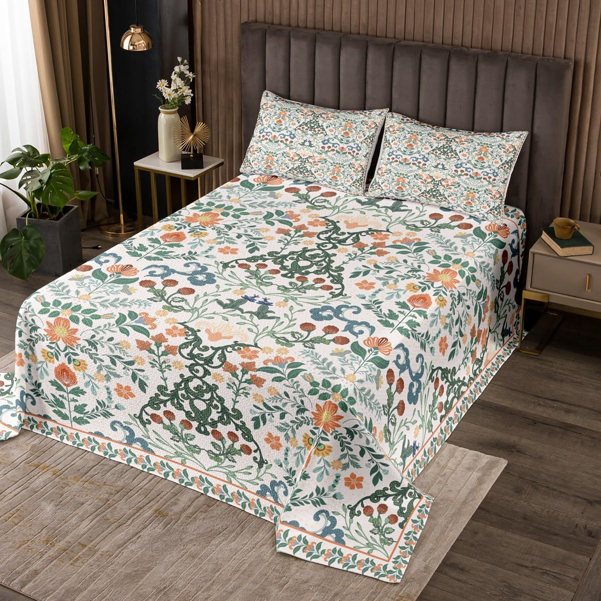 Homemissing Blumen Tagesdecke 240x260cm Jungen Mädchen Vinatge Botanischer Grün Steppdecke Für Kinder Retro Boho Blumen Wohndecke Blaue Orangenblüte Zimmer Dekor