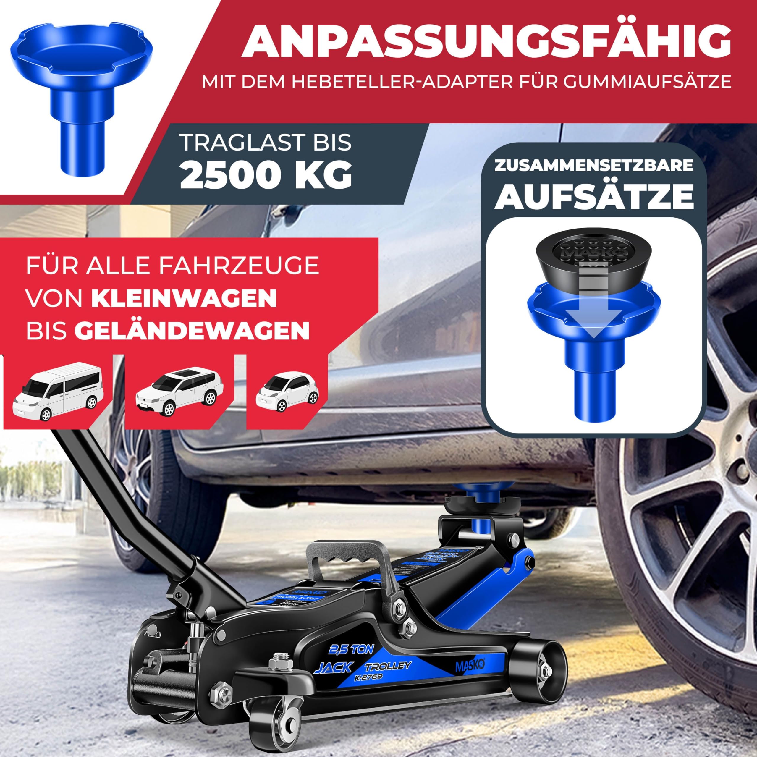 MASKO® Cric hydraulique Hauteur de Levage Plate + 2X Coussinets en Caoutchouc + Gants Cric de manœuvre Automobile hydraulique à Rouleaux 360° Cric sous châssis 2.5 Tonnes - Bleu