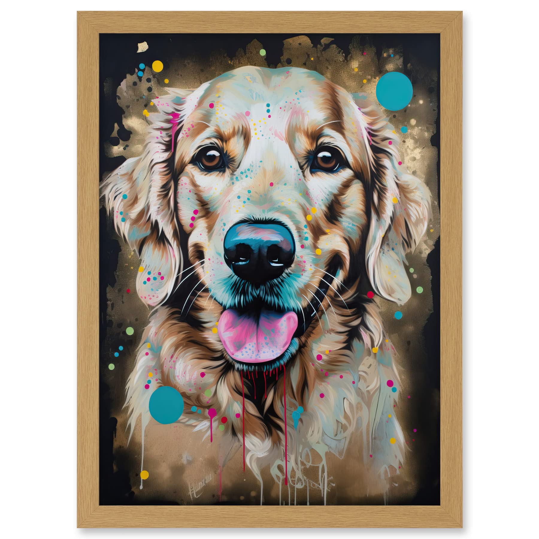 Artery8 Happy Smiling Golden Retriever Dog Portrait Artwork Framed A3 Wall Art Print