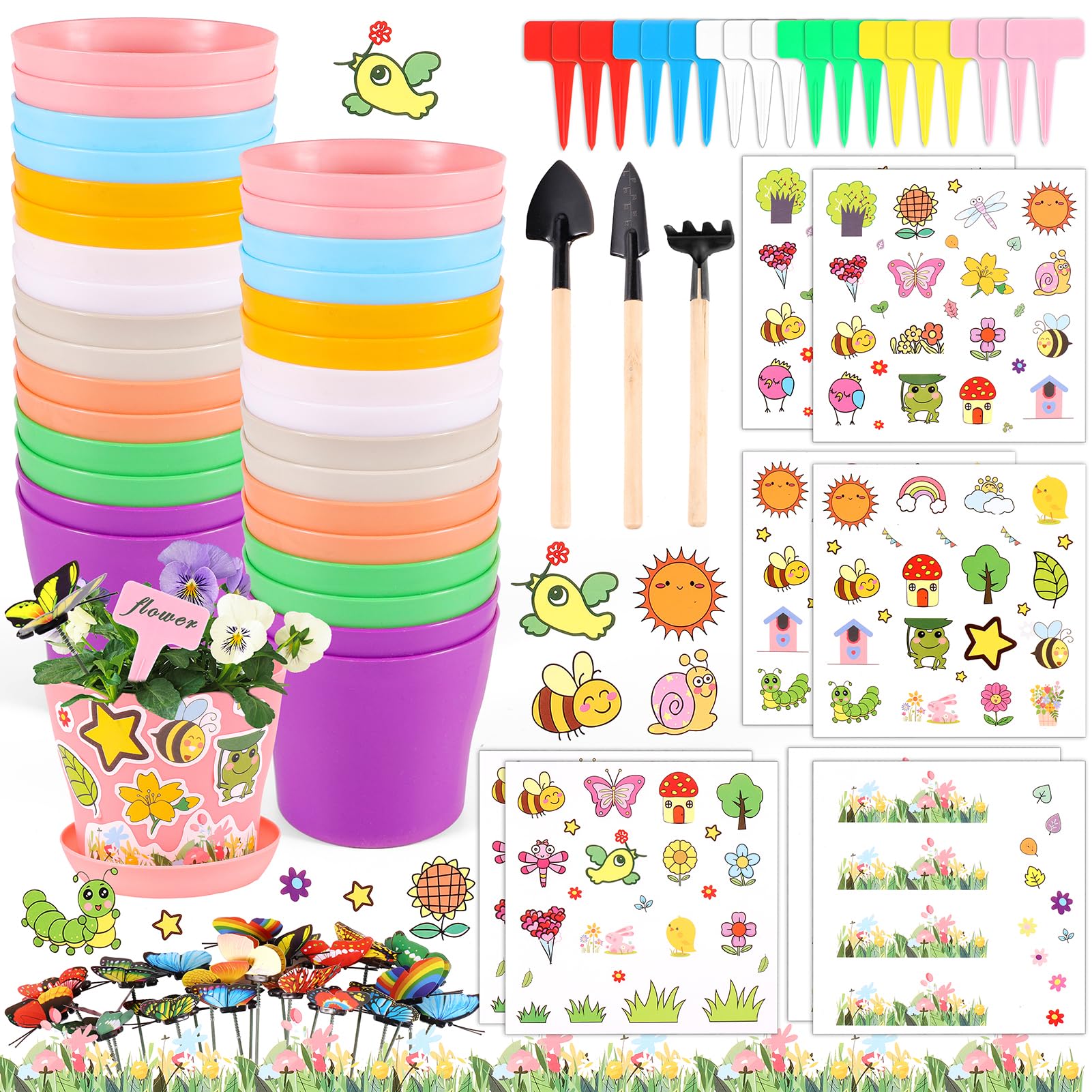 32 Set Garden Plastic Pot Craft Kit DIY Flower Plant Crafts Nursery Pots with Stickers Flower Planting Growing Kit for Spring Summer Home Classroom School Creative DIY Art Project Activities for Kids