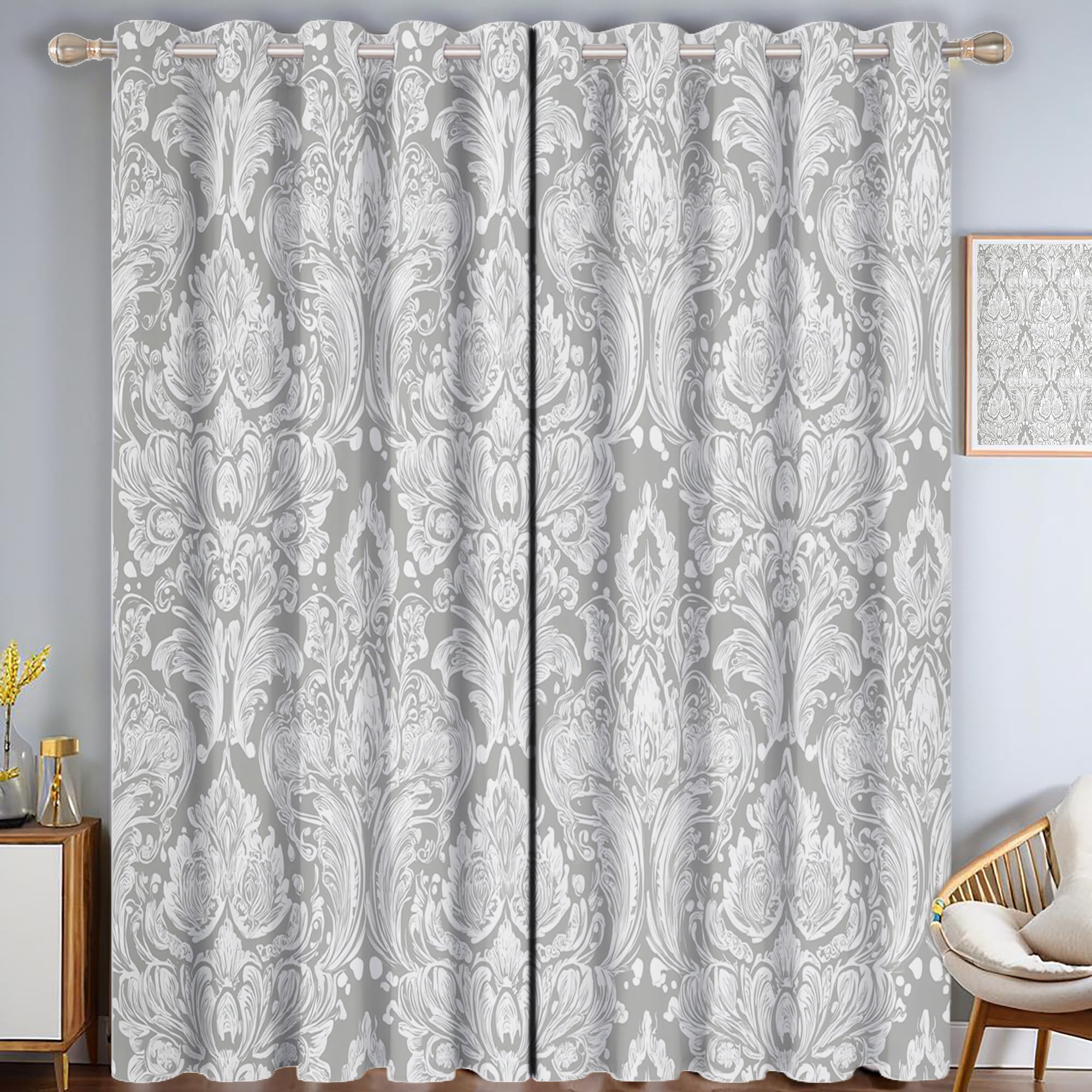 Rideaux occultants motif damassé art déco gris pour une décoration raffinée 117x137